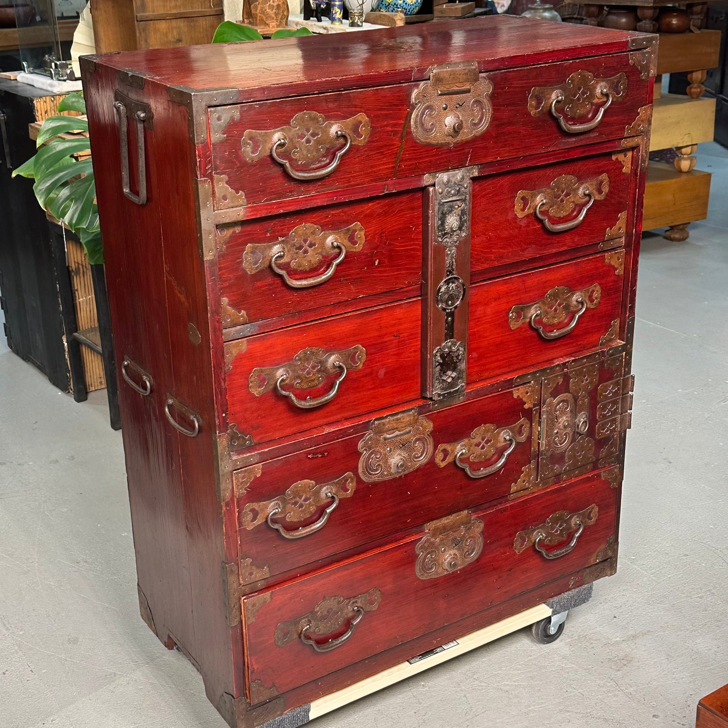 Antique Japanese Meiji Era c1890's Matsumoto Tansu Persimmon & Vermilion Finish 41"H