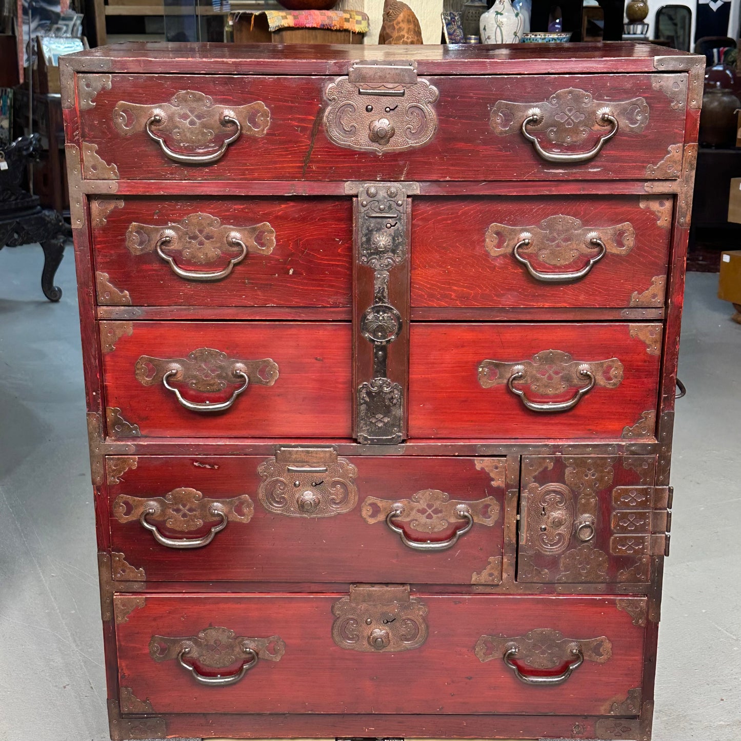 Antique Japanese Meiji Era c1890's Matsumoto Tansu Persimmon & Vermilion Finish 41"H