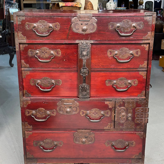 Antique Japanese Meiji Era c1890's Matsumoto Tansu Persimmon & Vermilion Finish 41"H