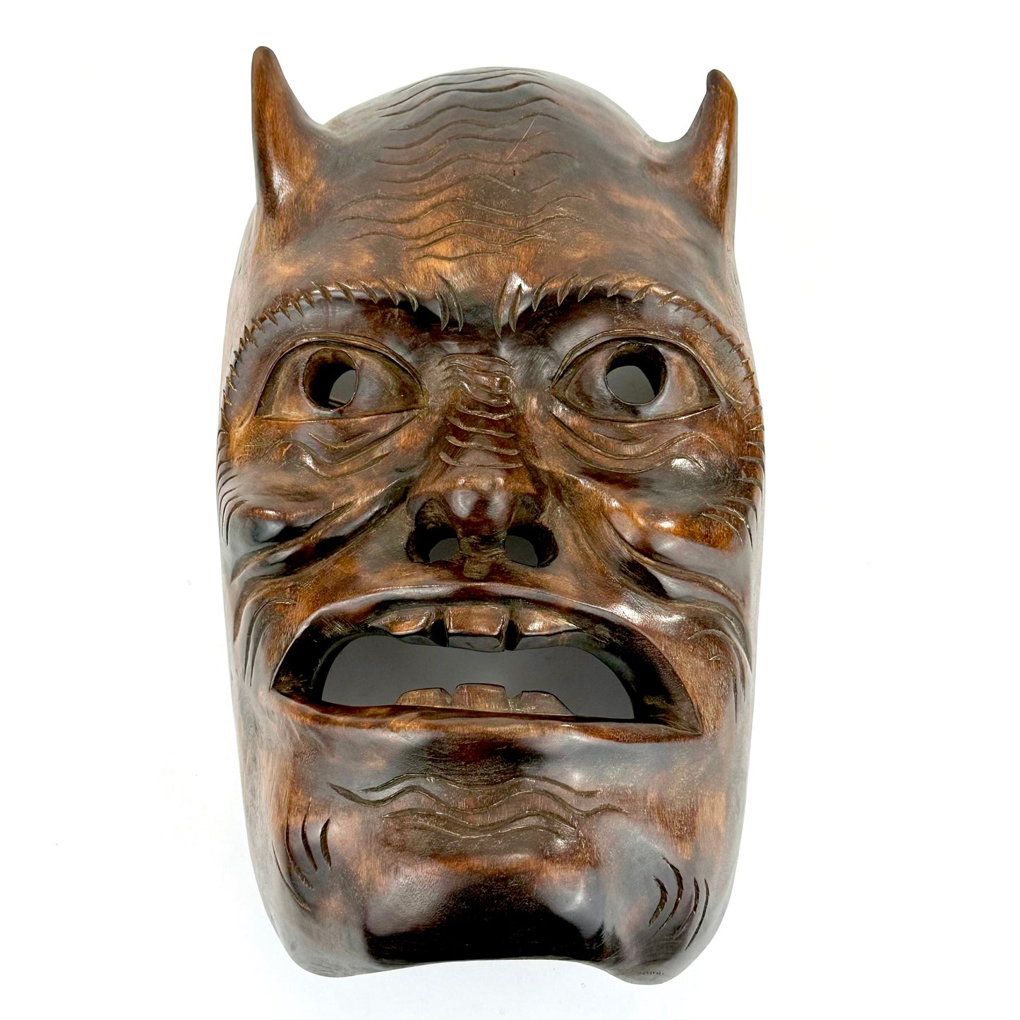 Vintage Japanese c1950's Folk Art Oni Mask Hand Carved Wood Wall Hanging 13"