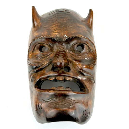 Vintage Japanese c1950's Folk Art Oni Mask Hand Carved Wood Wall Hanging 13"