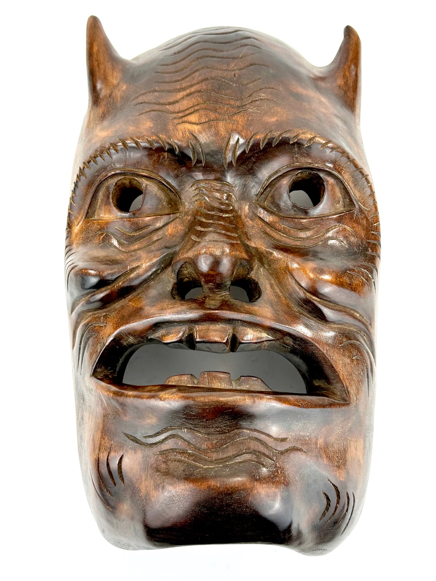 Vintage Japanese c1950's Folk Art Oni Mask Hand Carved Wood Wall Hanging 13"