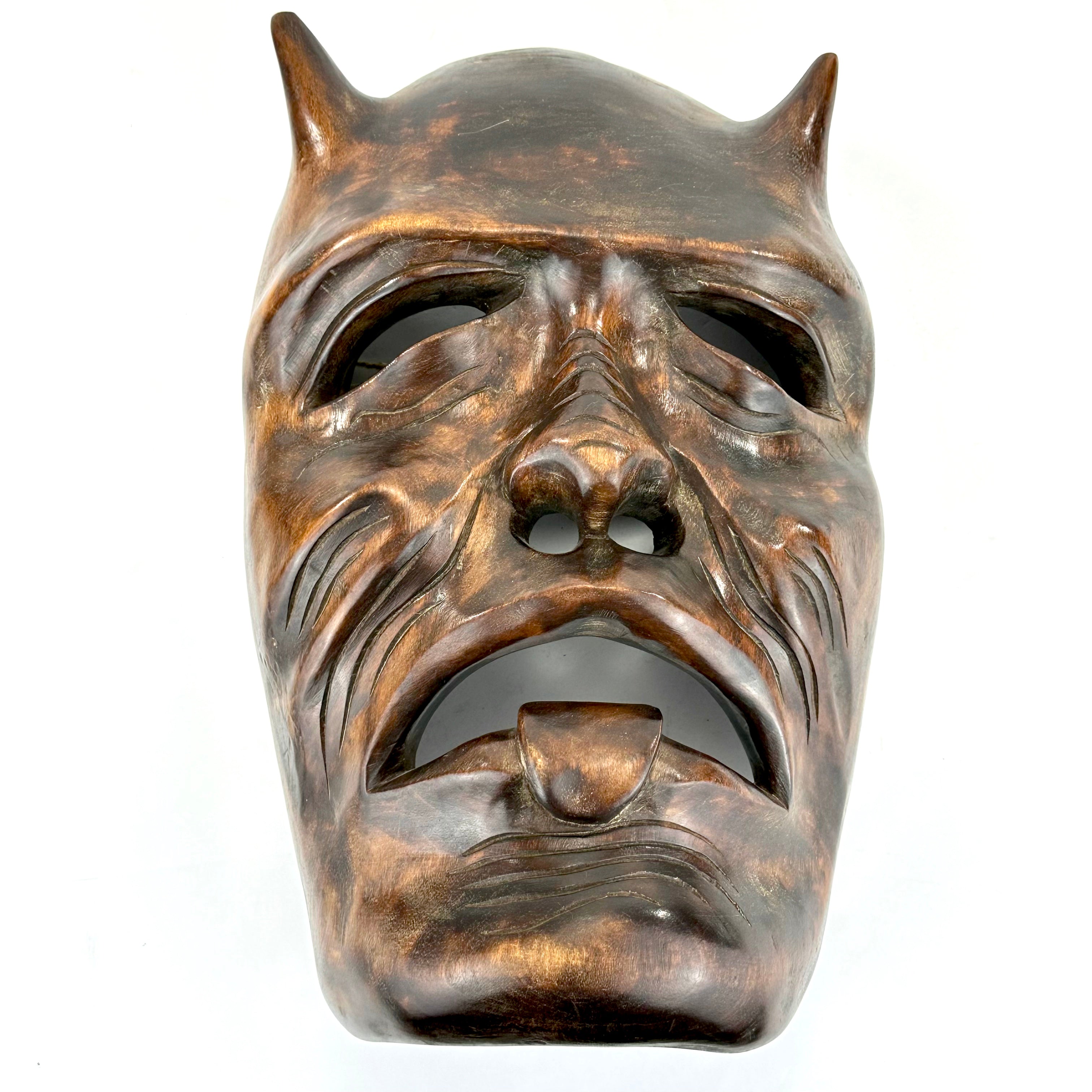 Vintage Japanese c1950's Folk Art Oni Mask Hand Carved Wood Wall