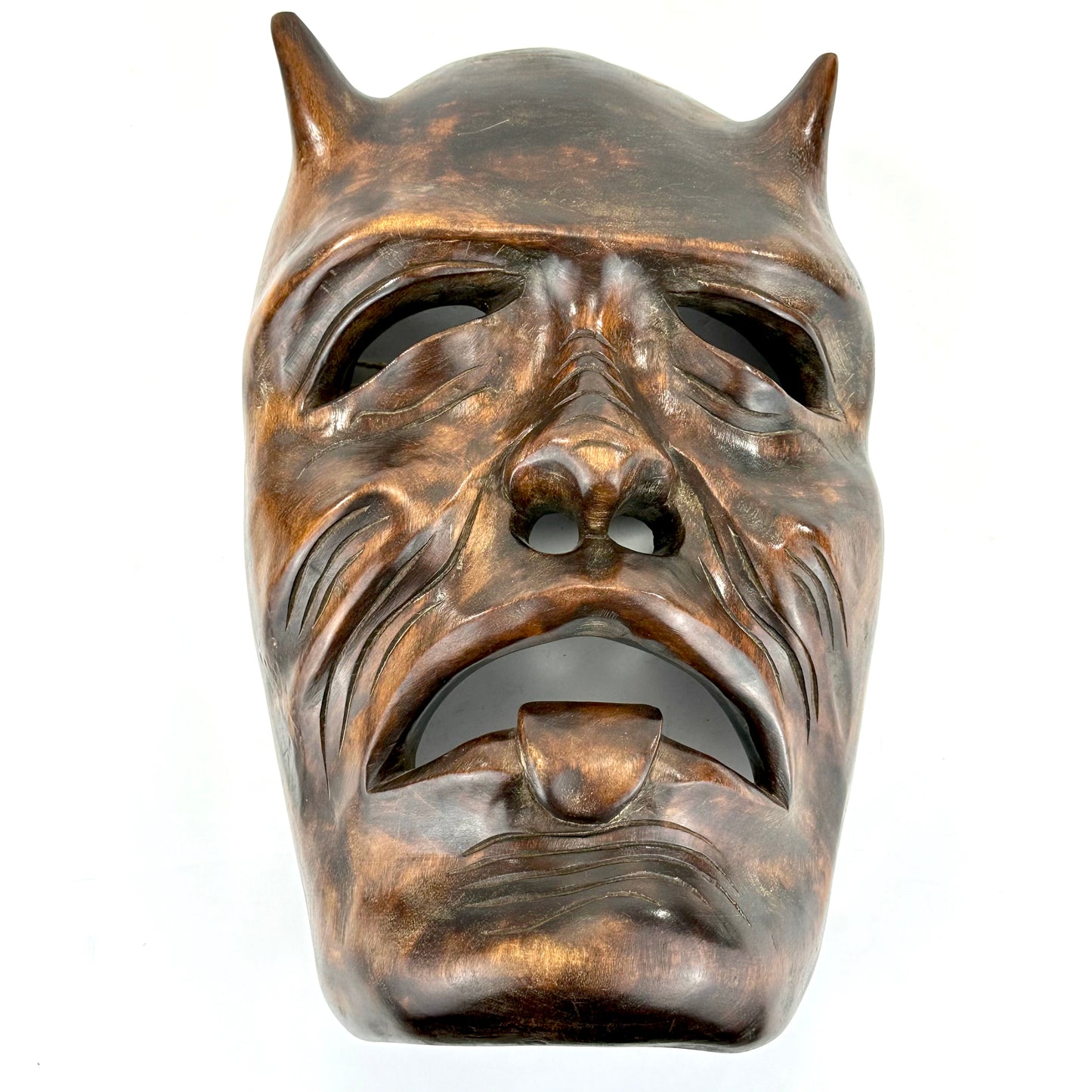 Vintage Japanese c1950's Folk Art Oni Mask Hand Carved Wood Wall Hanging 13"