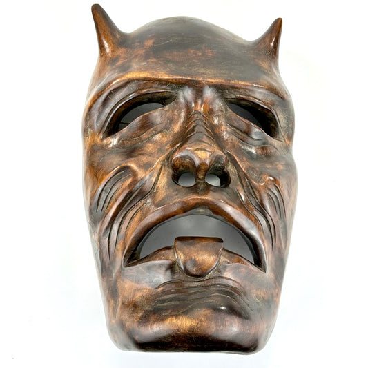 Vintage Japanese c1950's Folk Art Oni Mask Hand Carved Wood Wall Hanging 13"