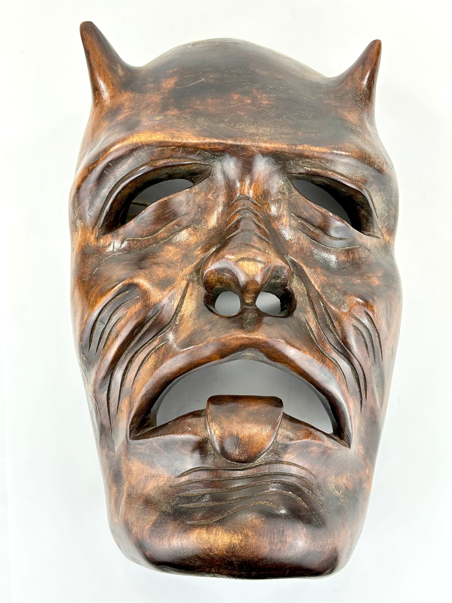 Vintage Japanese c1950's Folk Art Oni Mask Hand Carved Wood Wall Hanging 13"