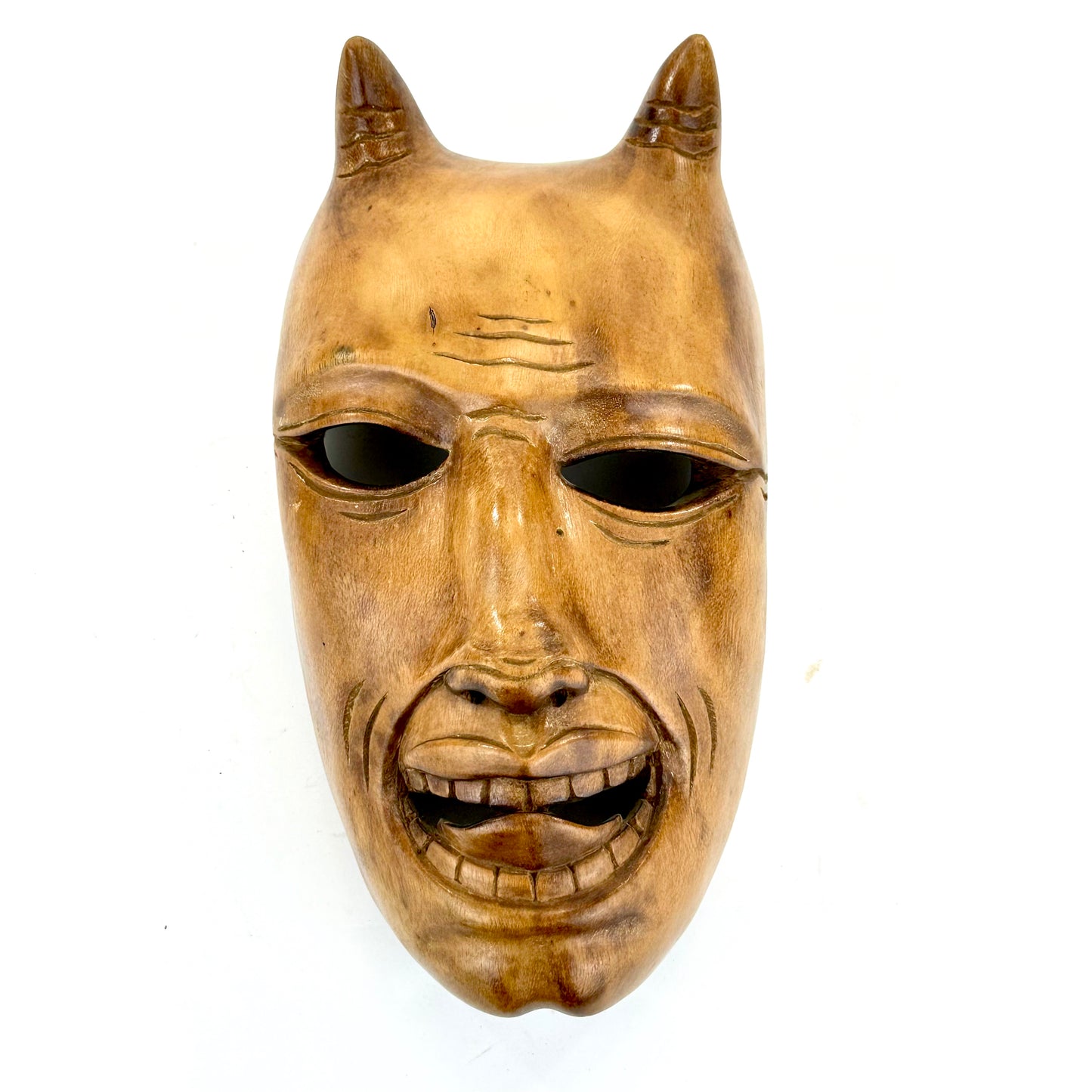 Vintage Japanese c1950's Folk Art Oni Mask Hand Carved Wood Wall Hanging 12"