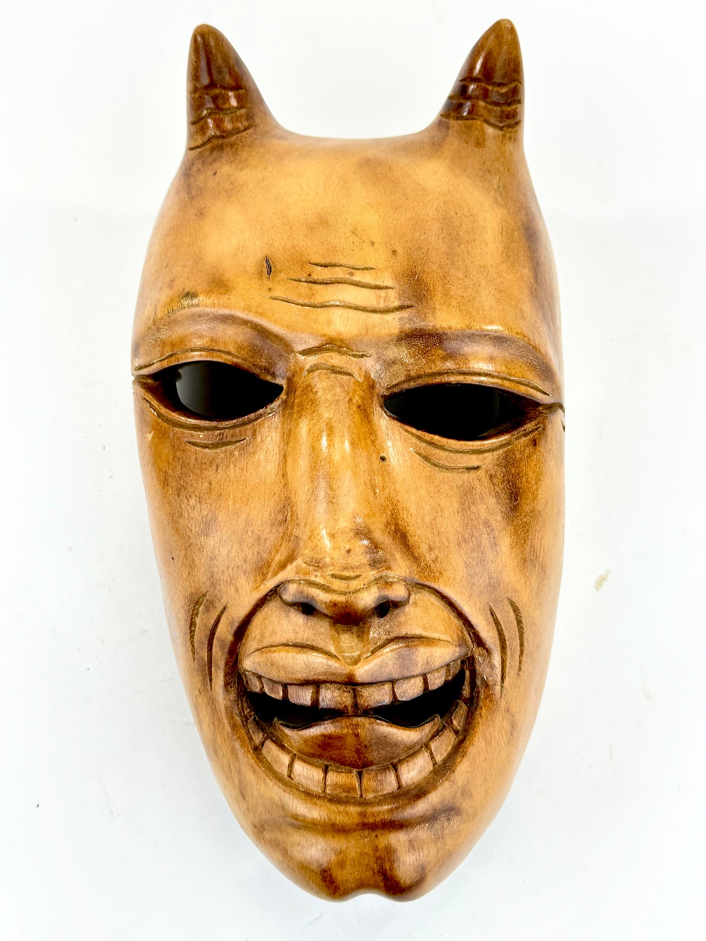 Vintage Japanese c1950's Folk Art Oni Mask Hand Carved Wood Wall Hanging 12"