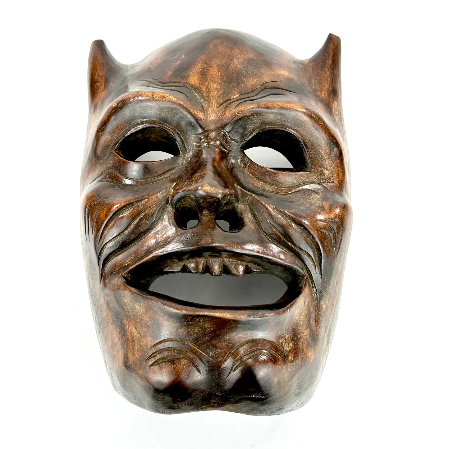 Vintage Japanese c1950's Folk Art Oni Mask Hand Carved Wood Wall Hanging 13"