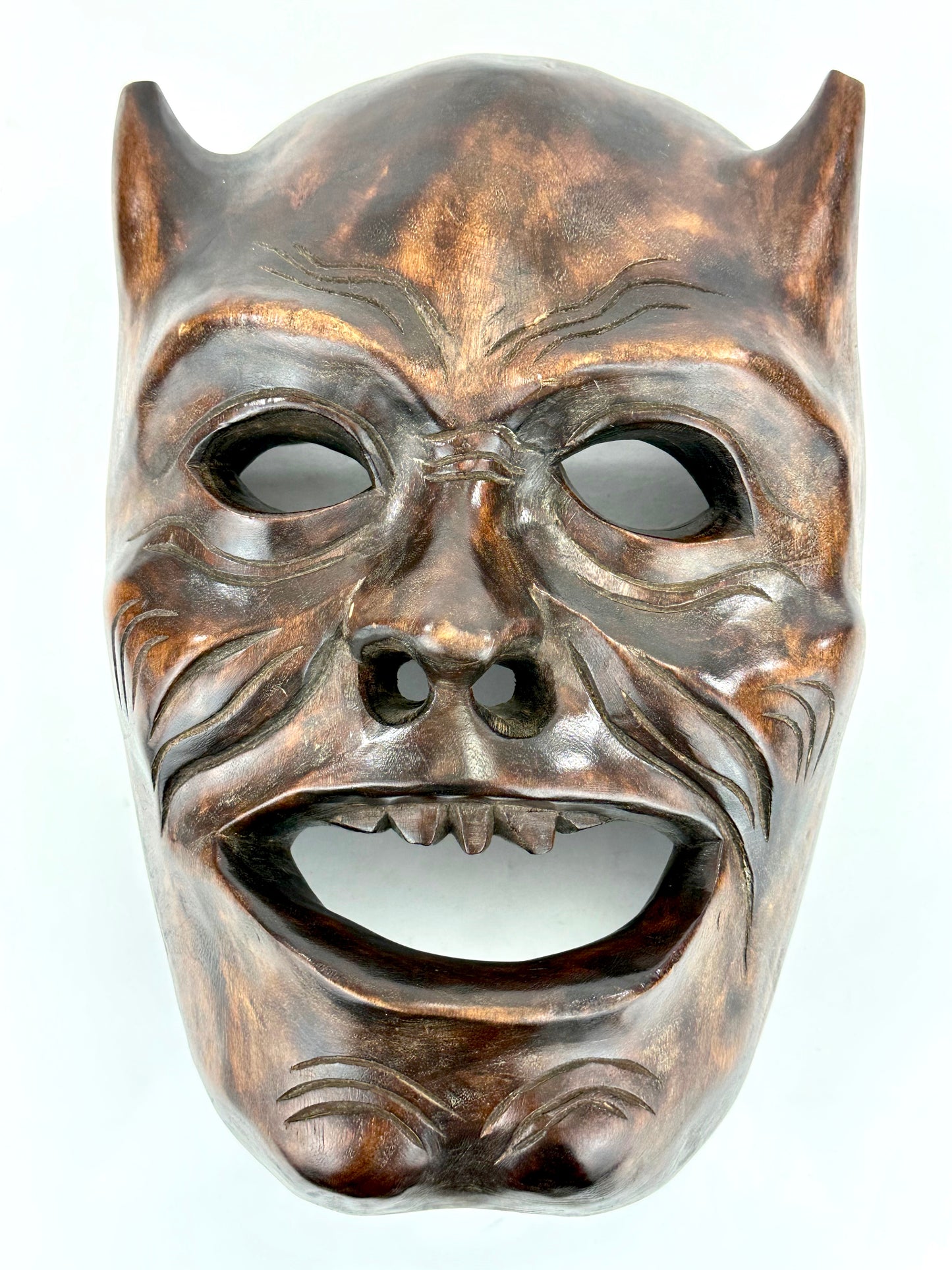 Vintage Japanese c1950's Folk Art Oni Mask Hand Carved Wood Wall Hanging 13"