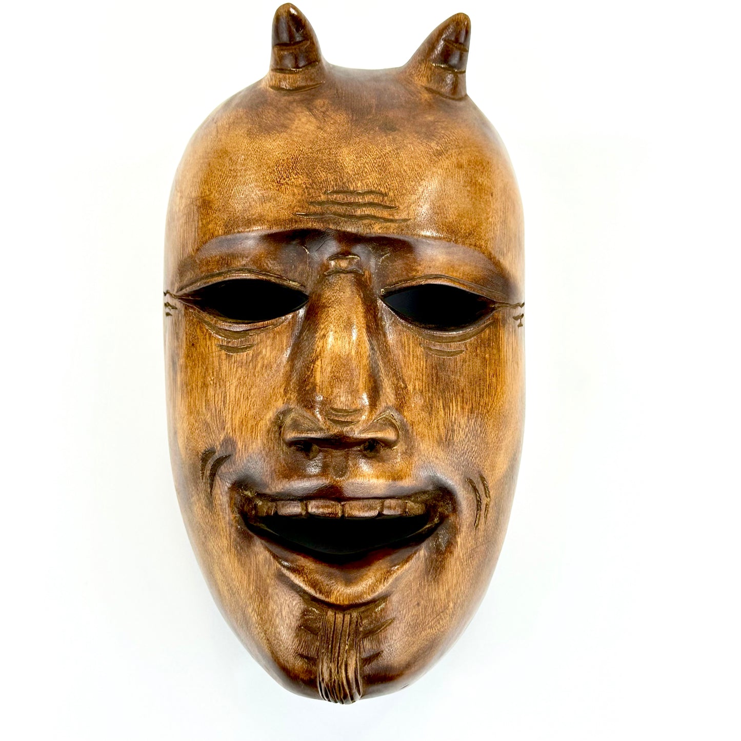 Vintage Japanese c1950's Folk Art Oni Mask Hand Carved Wood Wall Hanging 11"