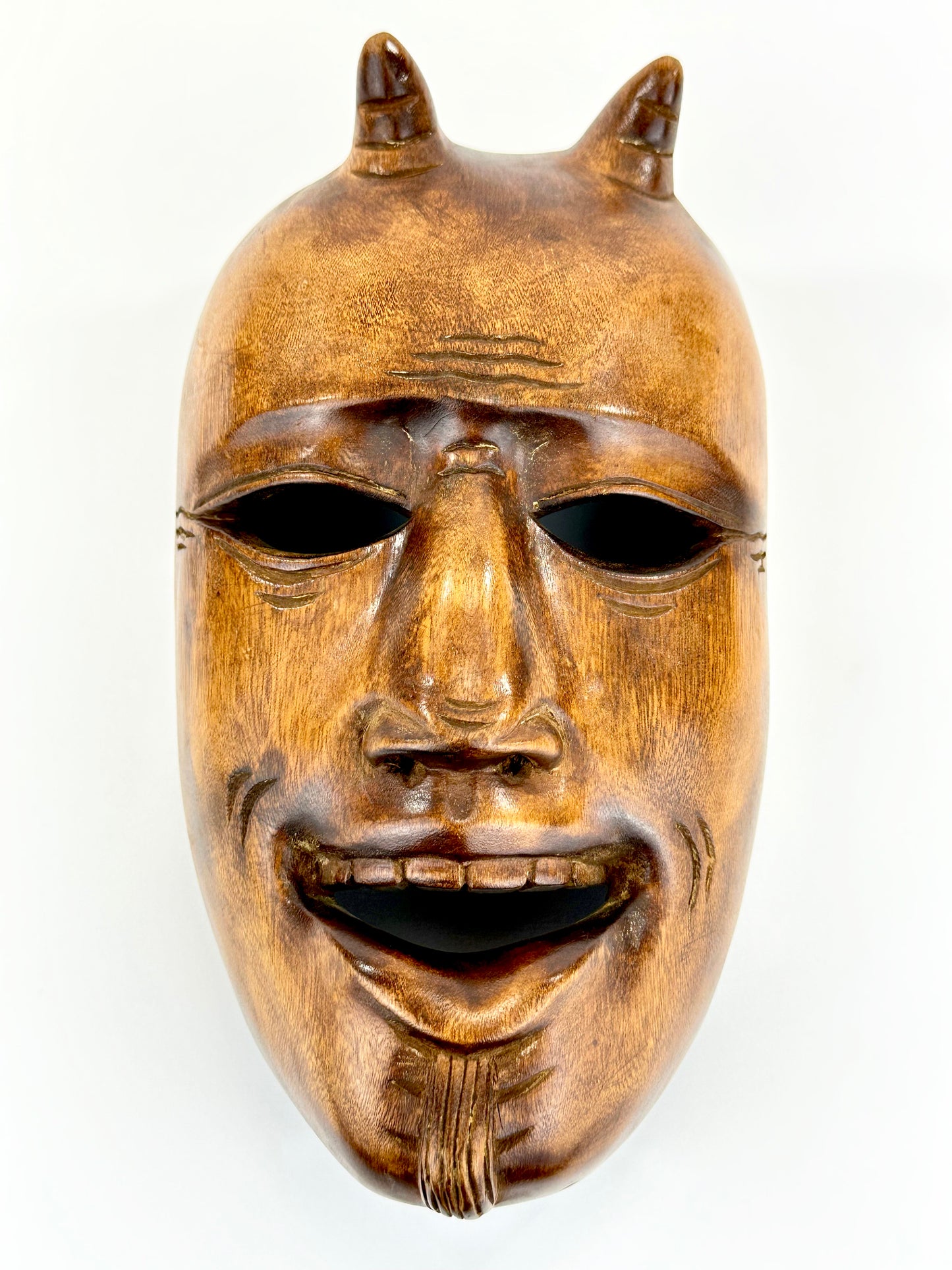 Vintage Japanese c1950's Folk Art Oni Mask Hand Carved Wood Wall Hanging 11"