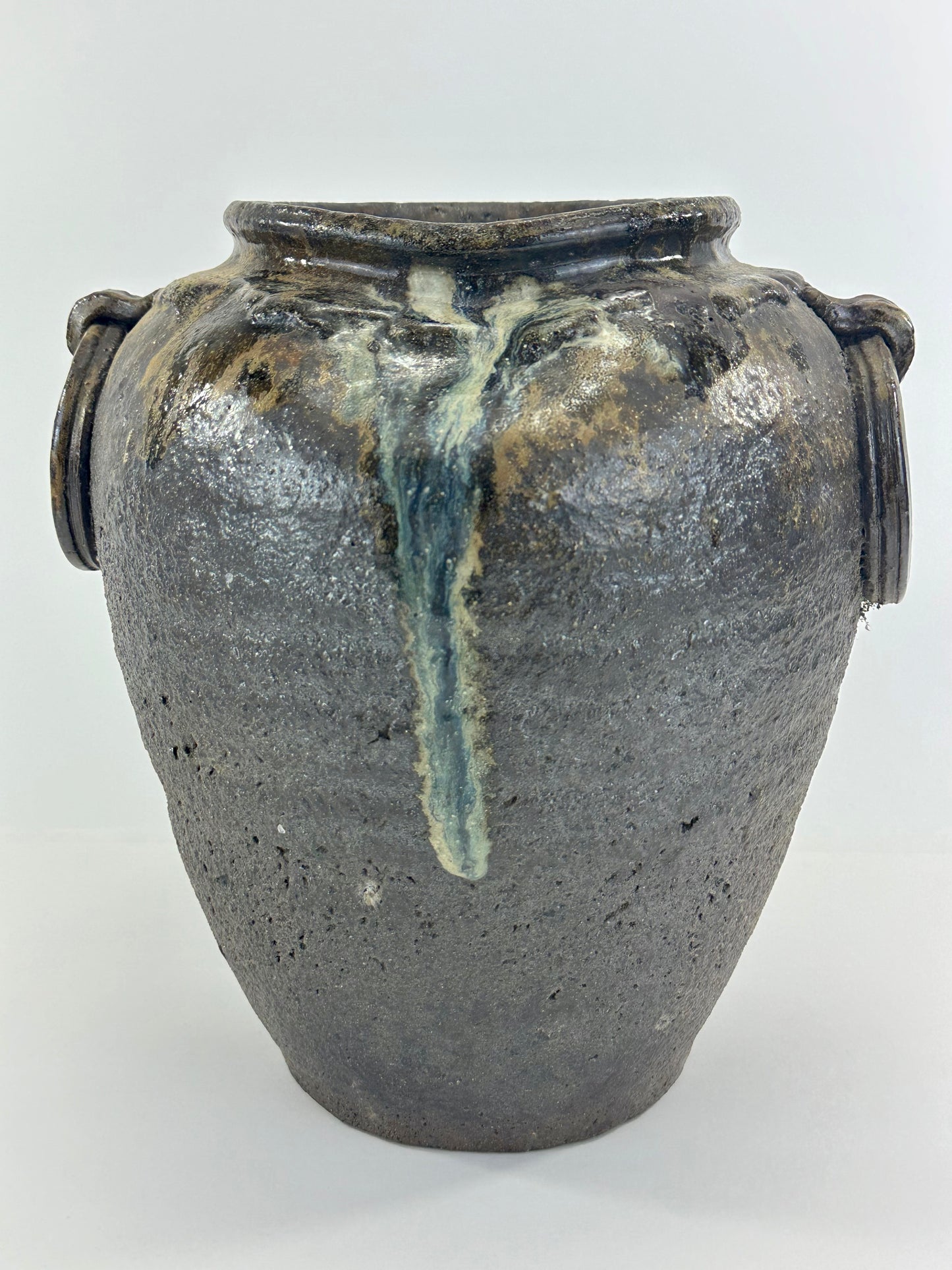 Vintage Japanese Stoneware Vase with Natural Ash Glaze Drips 10.5"H