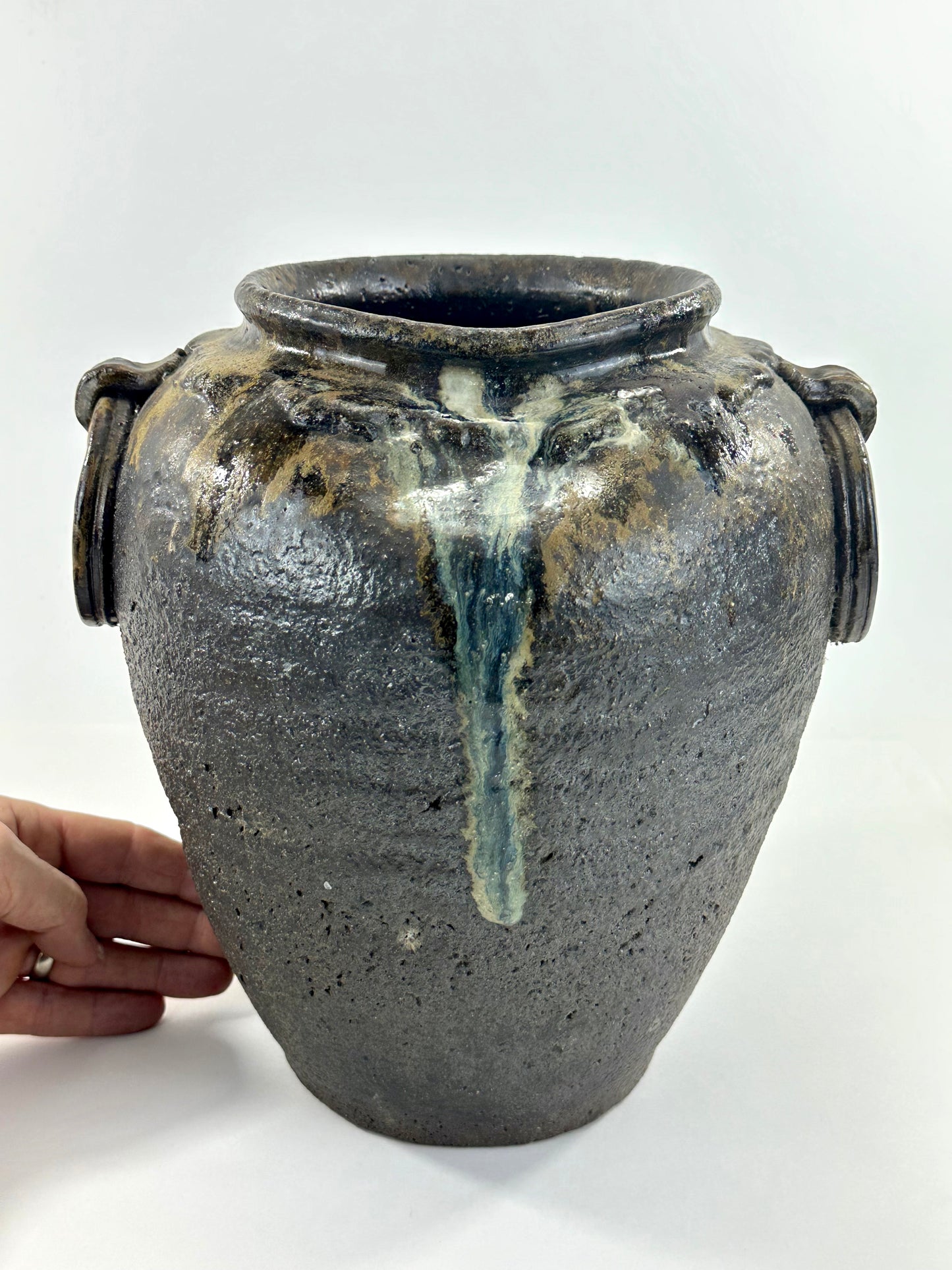 Vintage Japanese Stoneware Vase with Natural Ash Glaze Drips 10.5"H