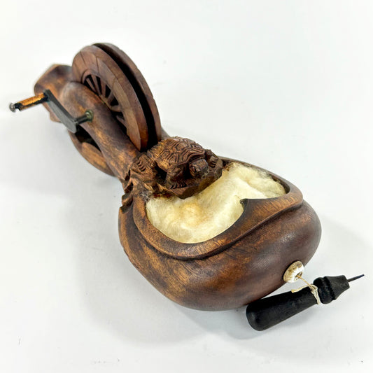 Vintage Japanese Carved Wood Sumitsubo Ink-Line Tool with Turtle Motif 8"