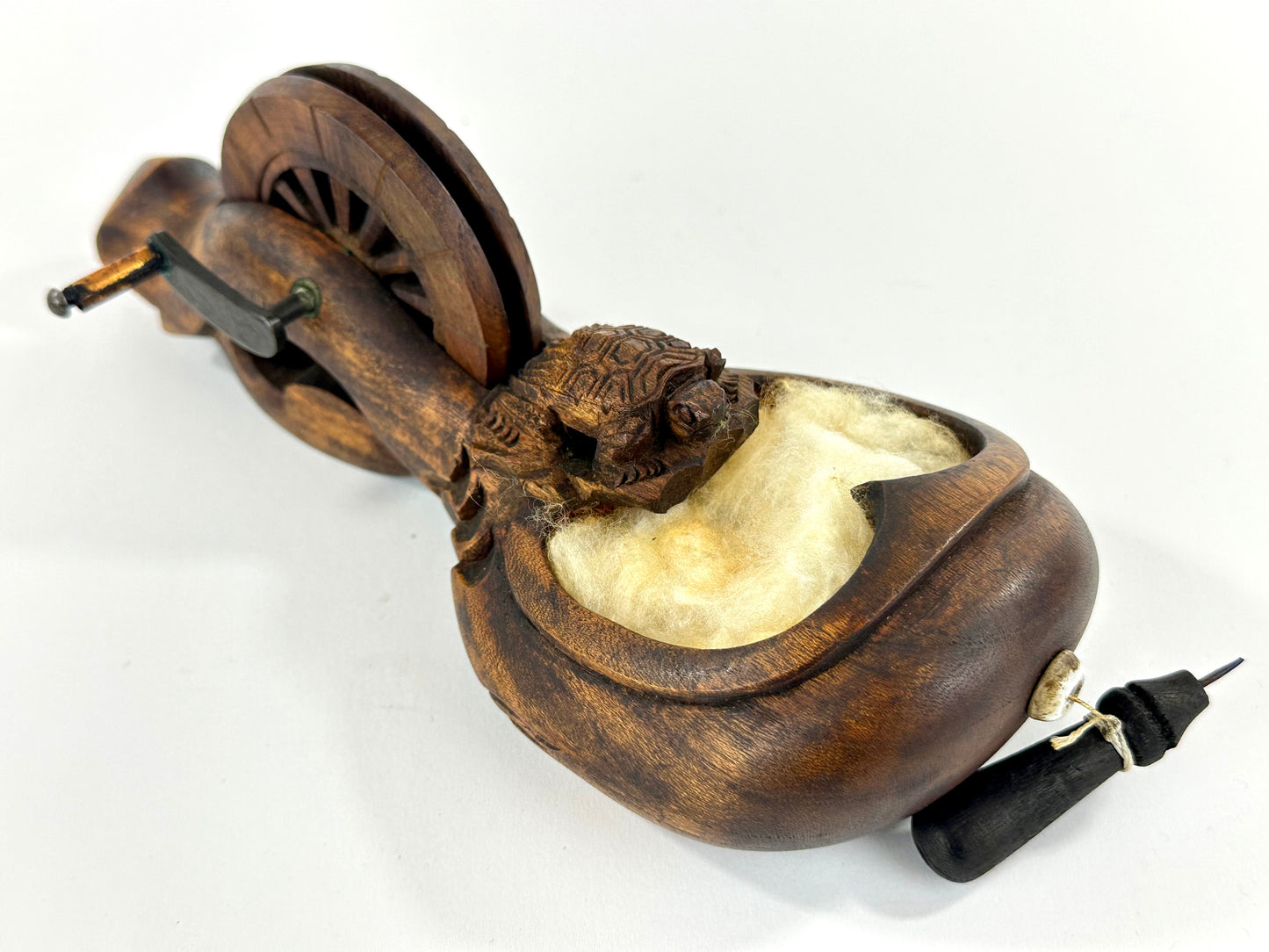 Vintage Japanese Carved Wood Sumitsubo Ink-Line Tool with Turtle Motif 8"