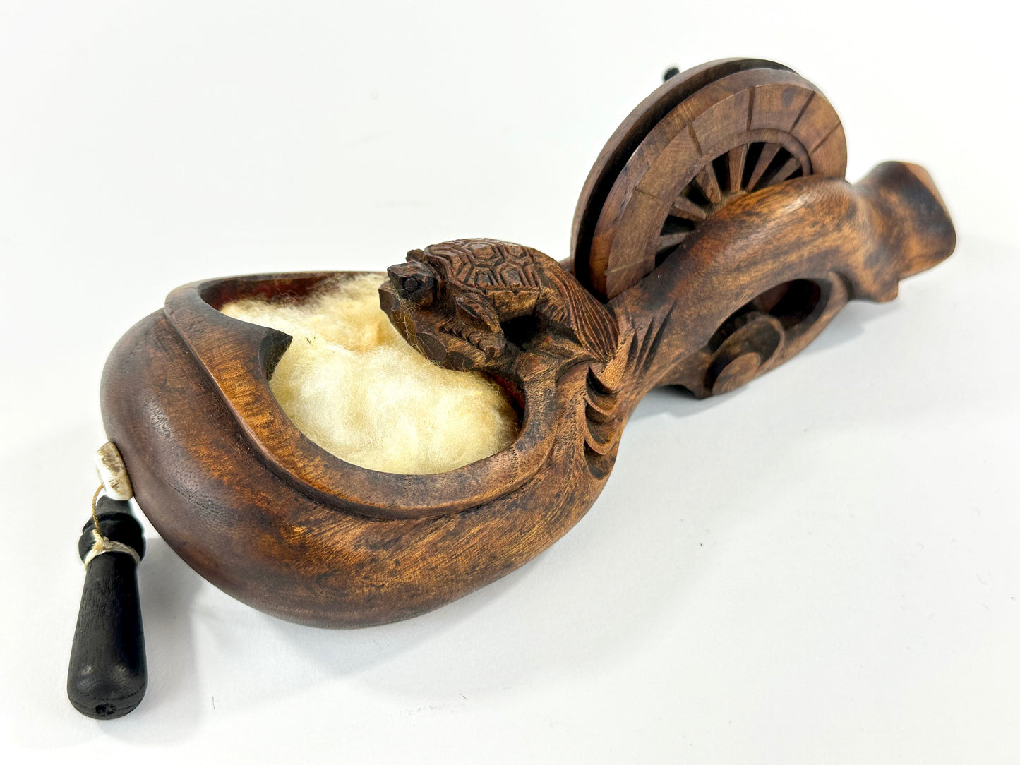 Vintage Japanese Carved Wood Sumitsubo Ink-Line Tool with Turtle Motif 8"