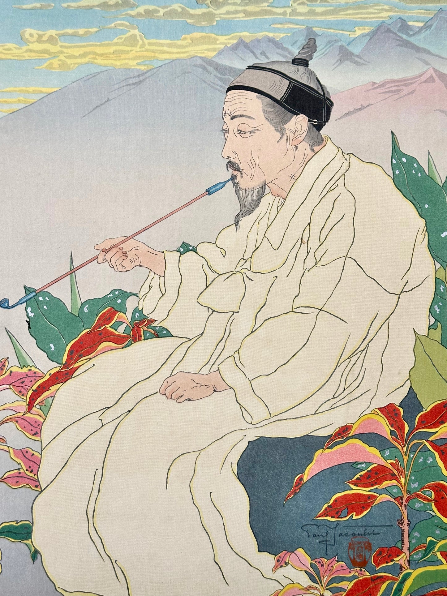 Original Japanese Woodblock Print Paul Jacoulet Hokkan-zan Seoul Korea 18"W