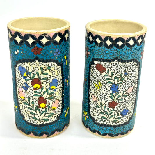 Antique Japanese Kinkozan Style Cloisonné Brush Pots Pair 5.25"H