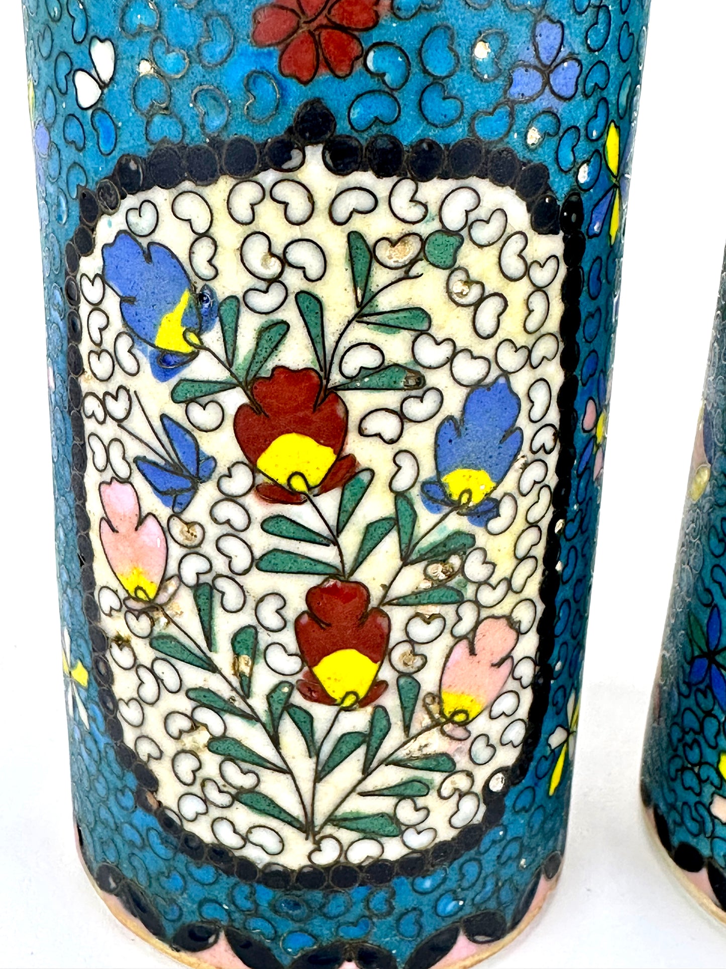 Antique Japanese Kinkozan Style Cloisonné Brush Pots Pair 5.25"H