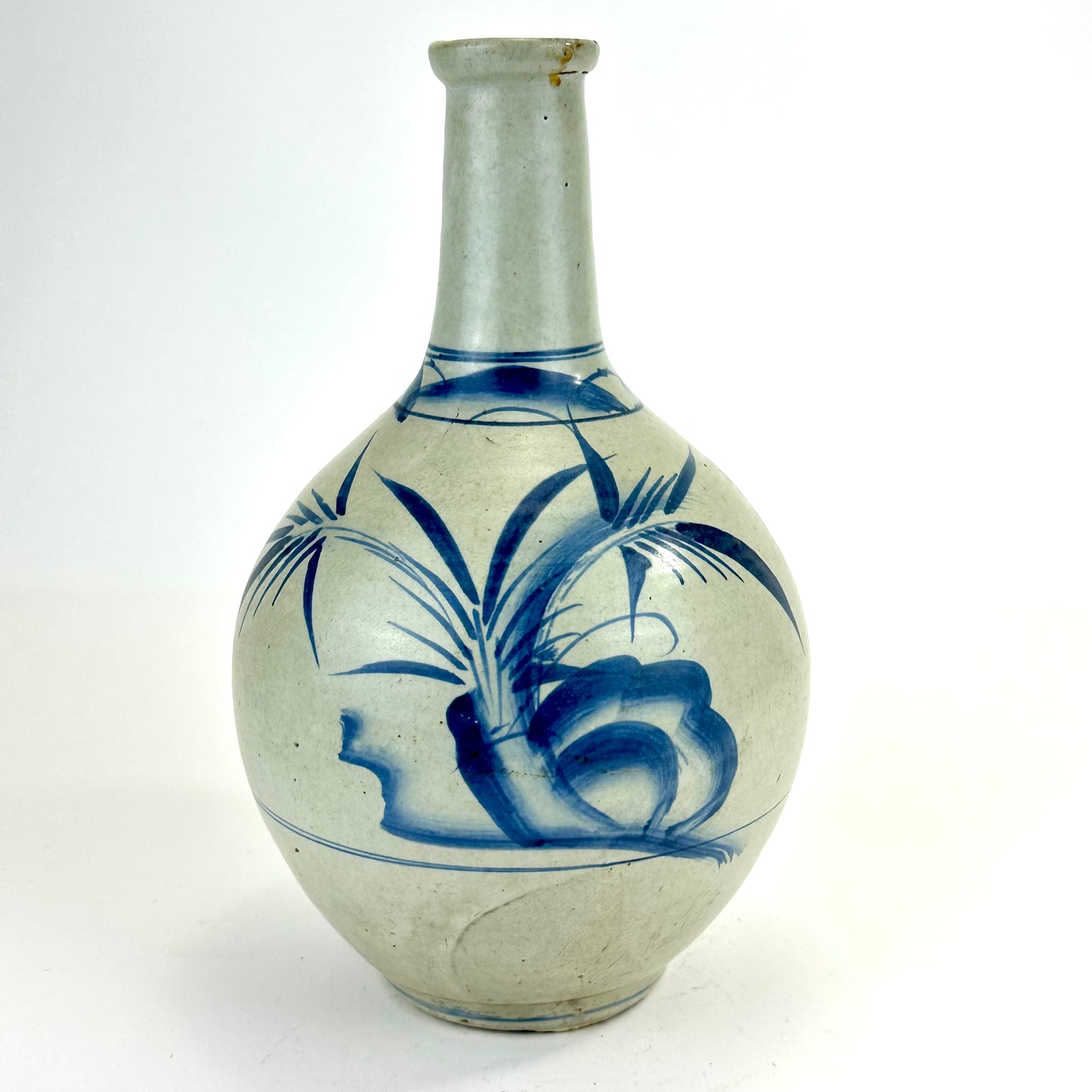 Antique Japanese Blue and White Porcelain Tokkuri with Grass Motif 10"