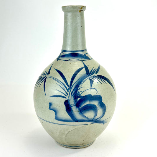 Antique Japanese Blue and White Porcelain Tokkuri with Grass Motif 10"