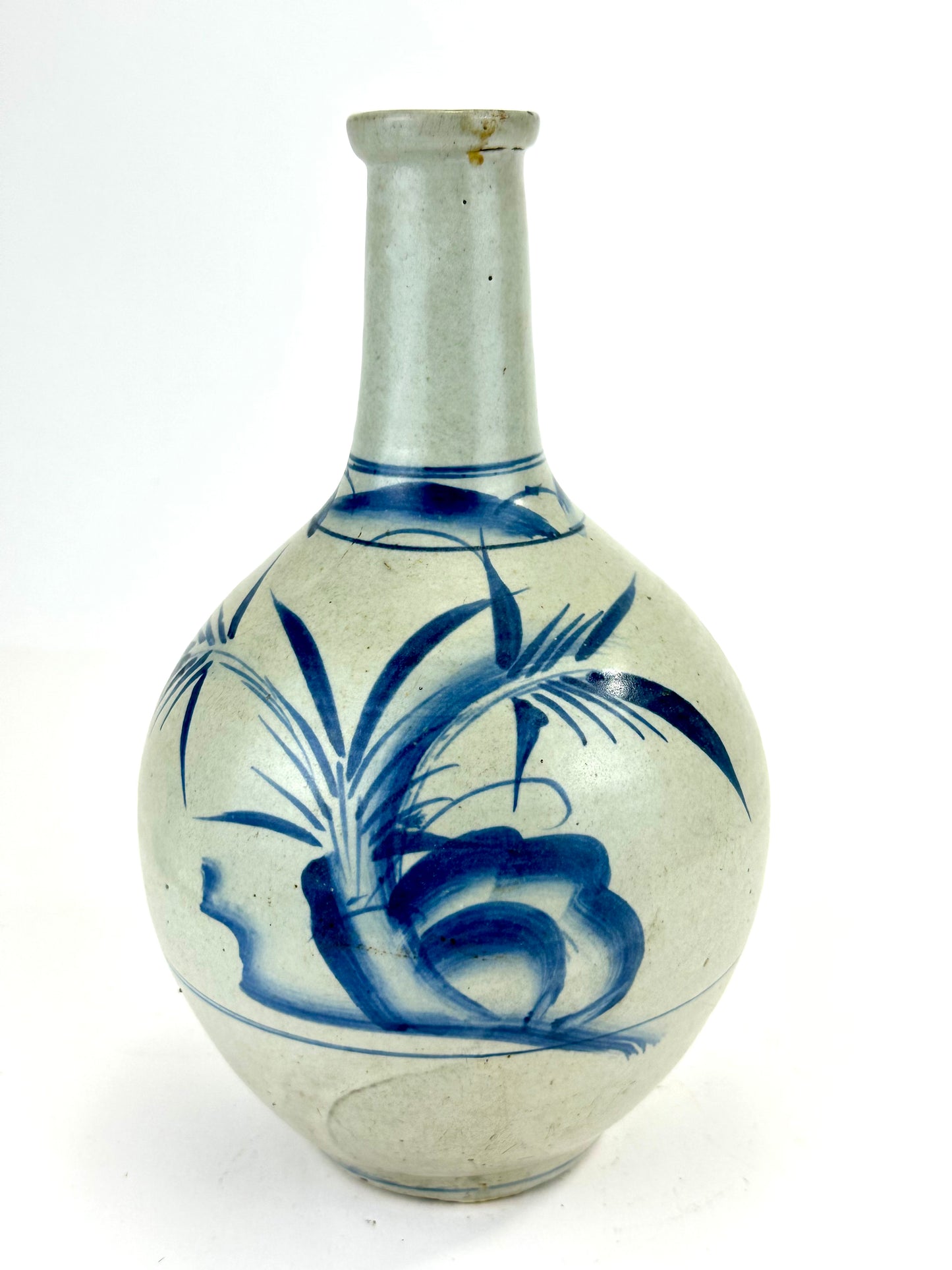 Antique Japanese Blue and White Porcelain Tokkuri with Grass Motif 10"