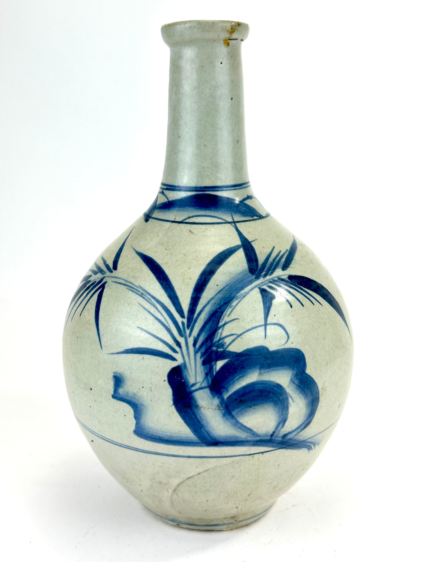 Antique Japanese Blue and White Porcelain Tokkuri with Grass Motif 10"