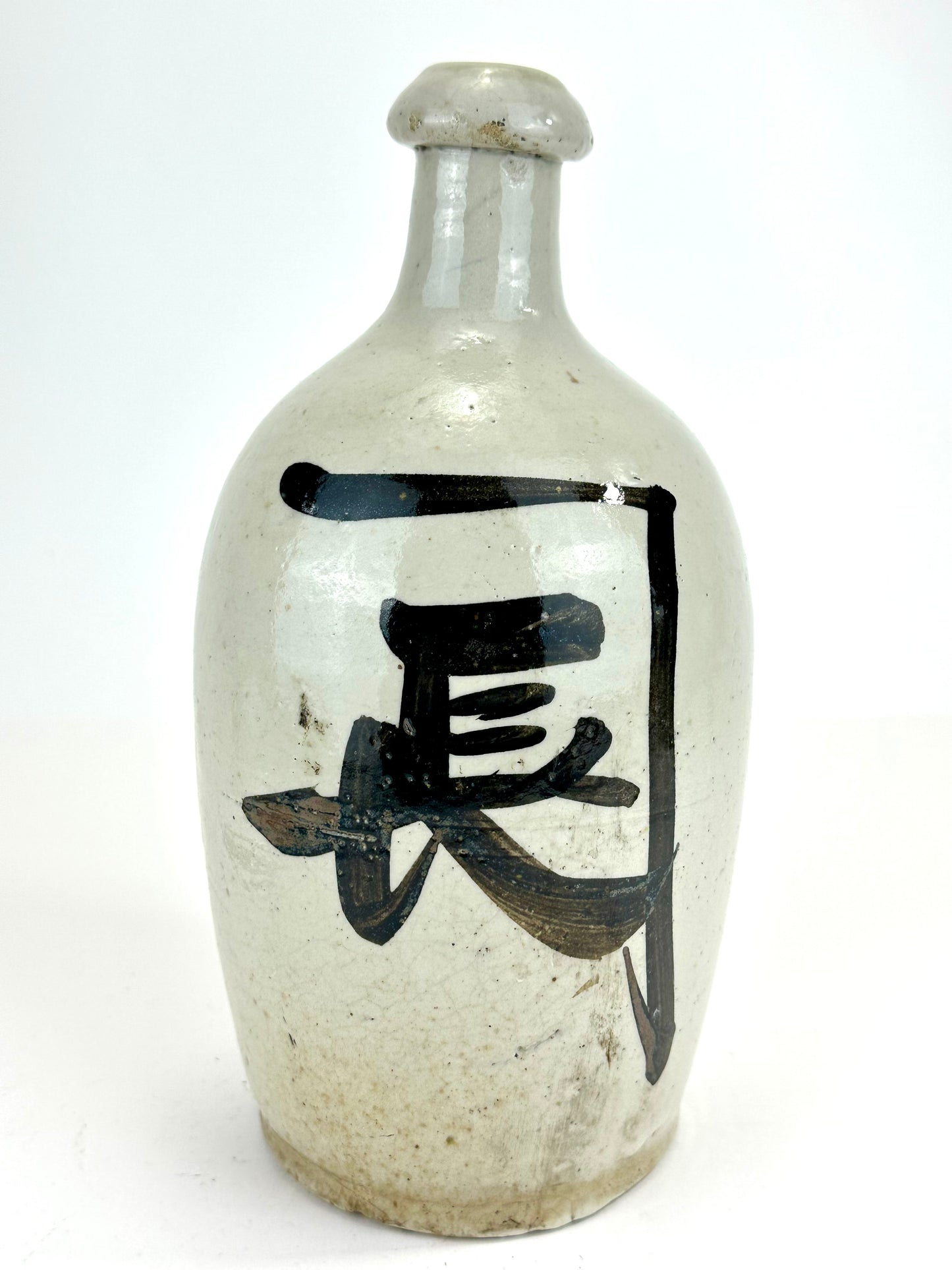 Antique Japanese 1800's Tokkuri Sake Jug Calligraphy Ceramic Mingei Vase 10"