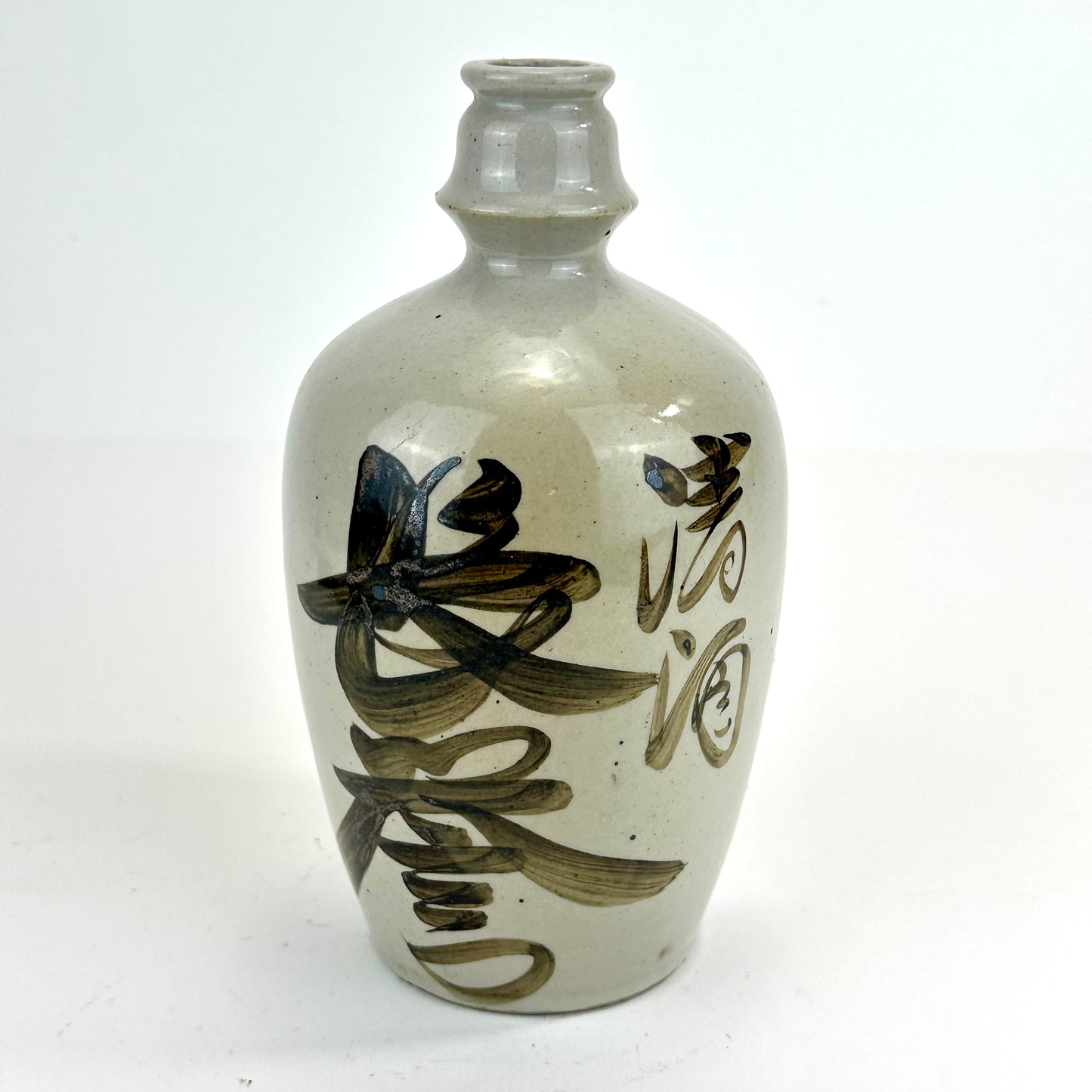 Antique Japanese 1800's Tokkuri Sake Jug Calligraphy Ceramic Mingei Vase 7"