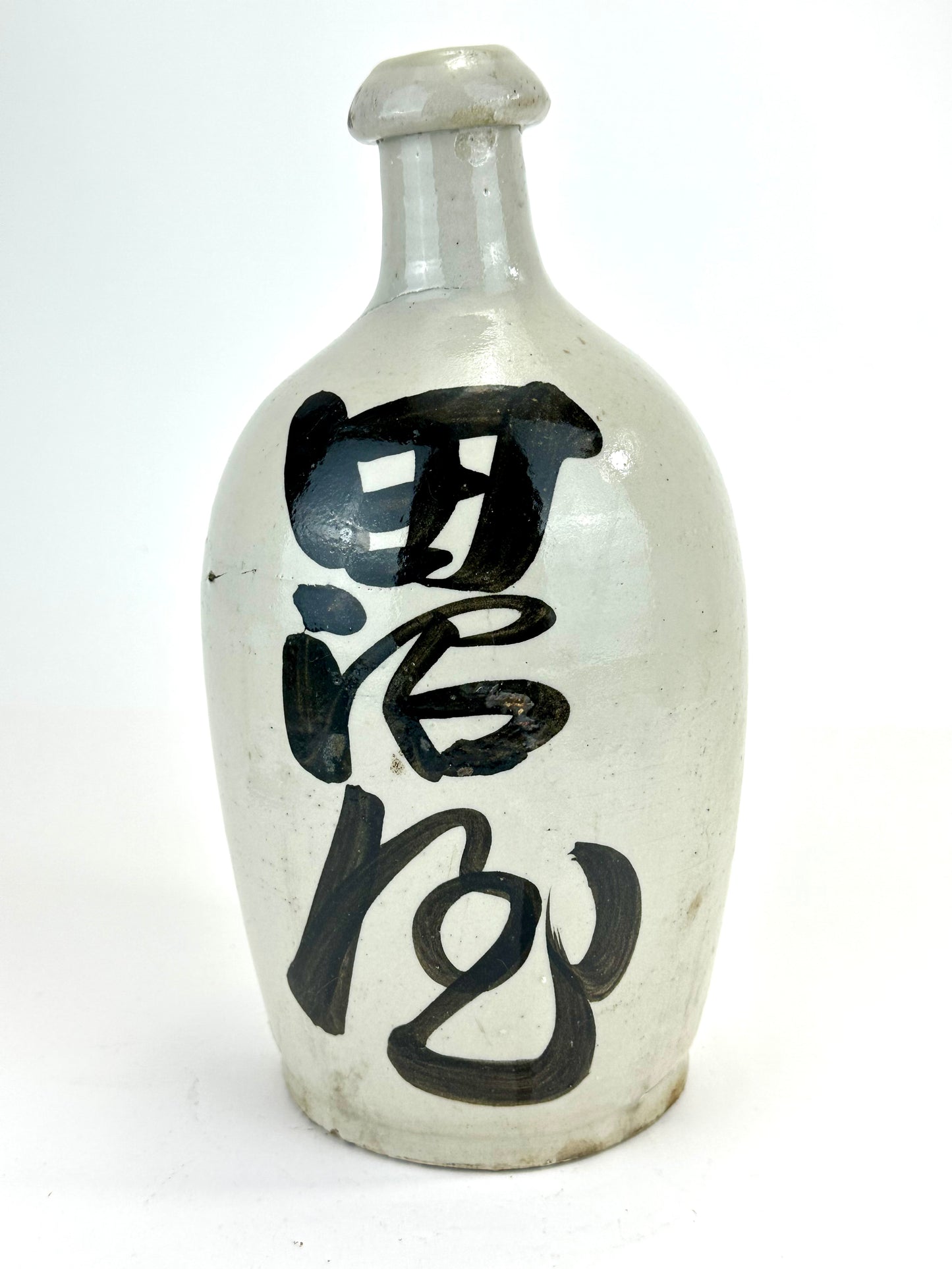 Antique Japanese 1800's Tokkuri Sake Jug Calligraphy Ceramic Mingei Vase 10"