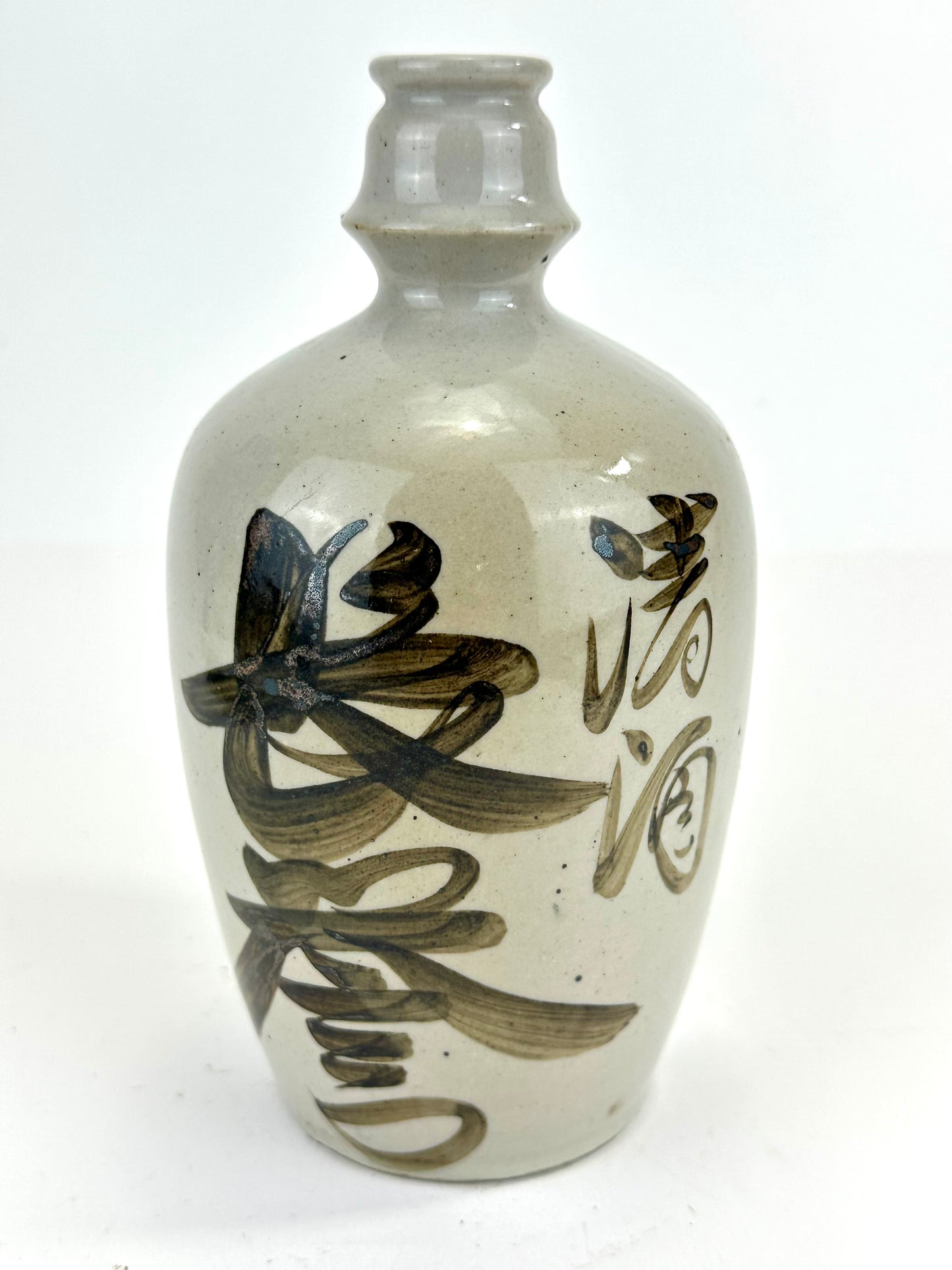 Antique Japanese 1800's Tokkuri Sake Jug Calligraphy Ceramic Mingei Vase 7"