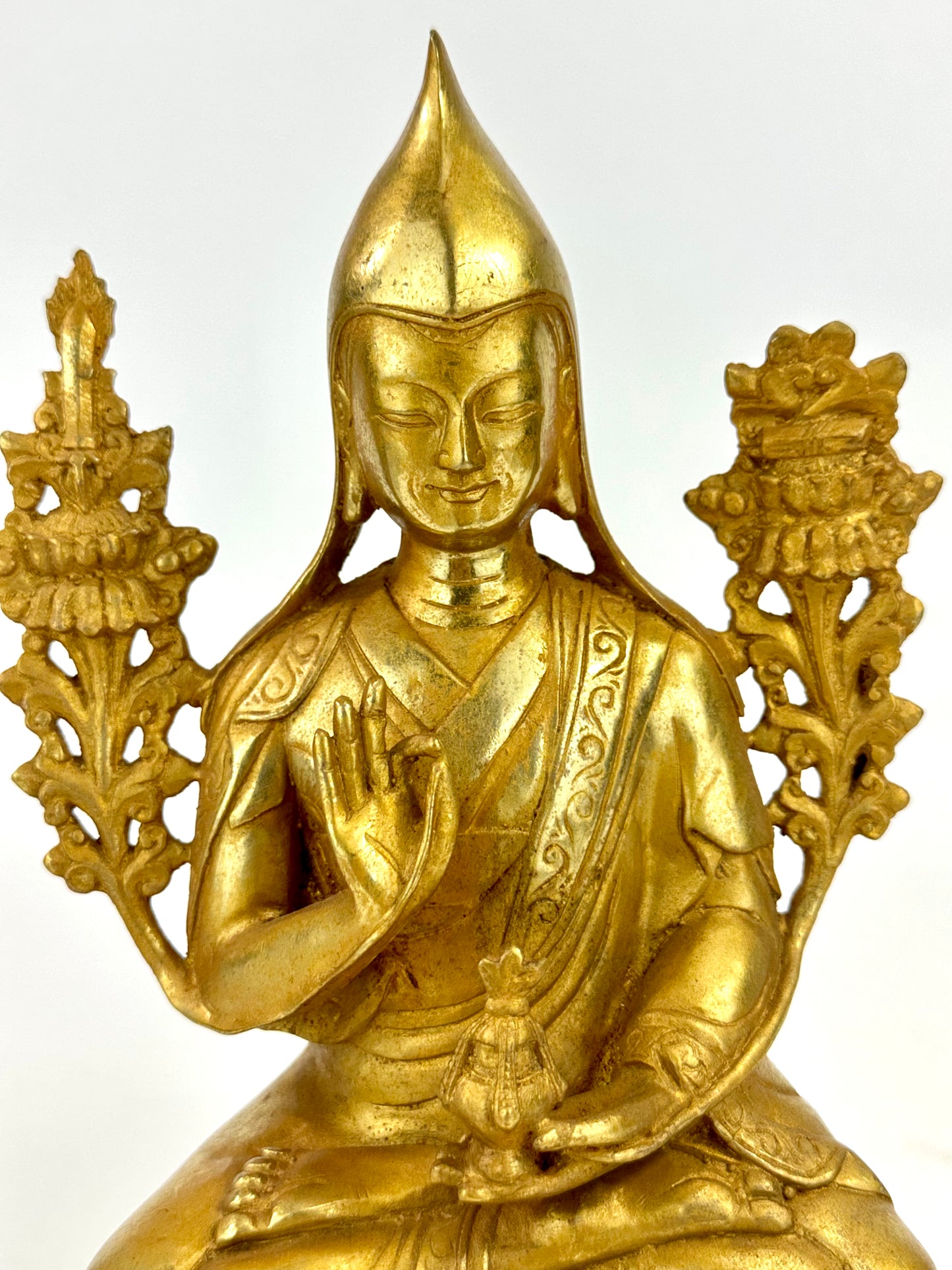 Vintage Tibetan Brass Figure of Tsongkhapa Buddhist Master 9.5"H LS#092