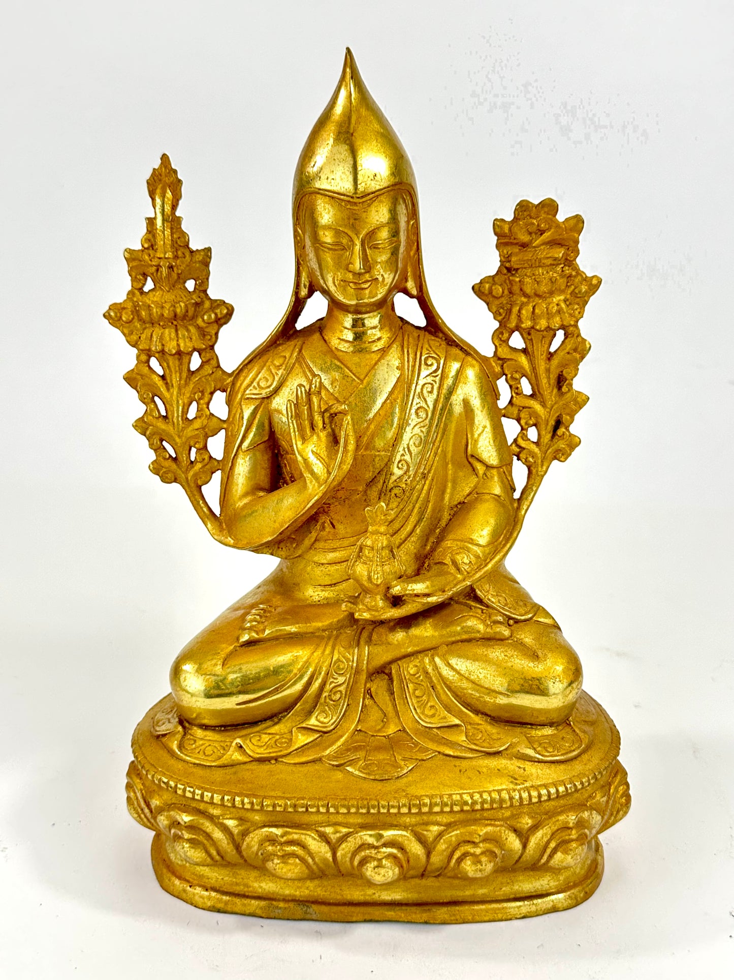 Vintage Tibetan Brass Figure of Tsongkhapa Buddhist Master 9.5"H LS#092