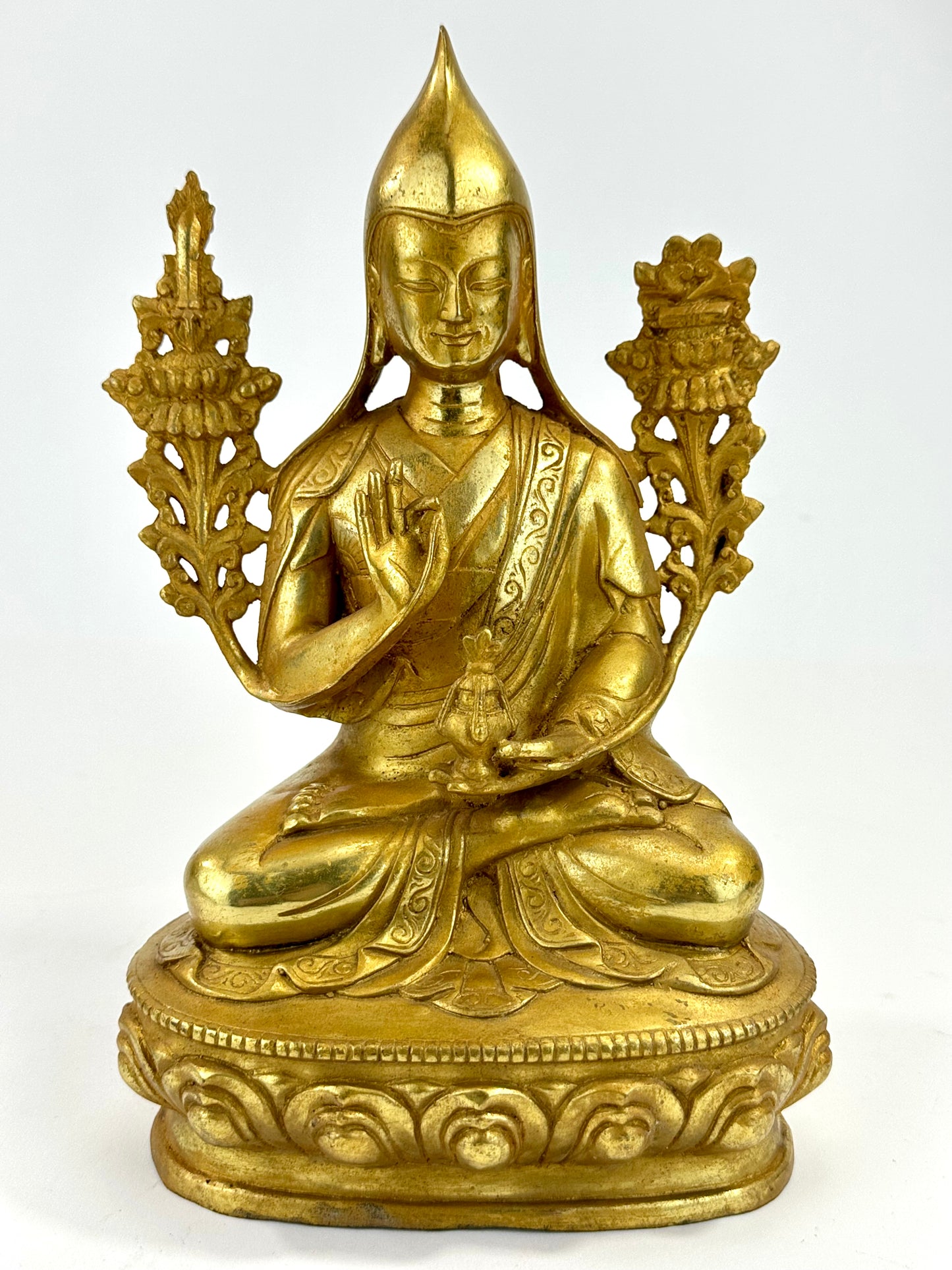 Vintage Tibetan Brass Figure of Tsongkhapa Buddhist Master 9.5"H LS#092