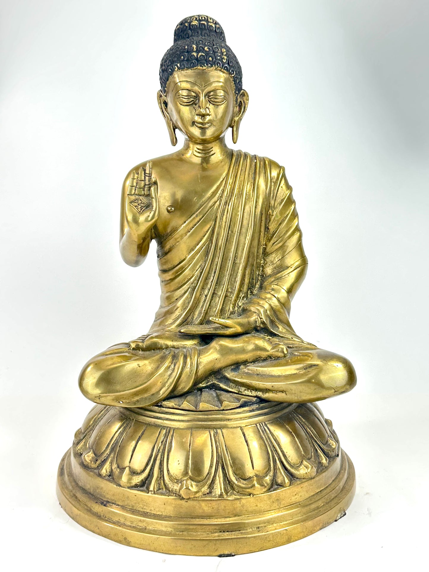 Vintage Brass Seated Buddha Figure with Abhaya Mudra on Lotus Base 16" LS#184