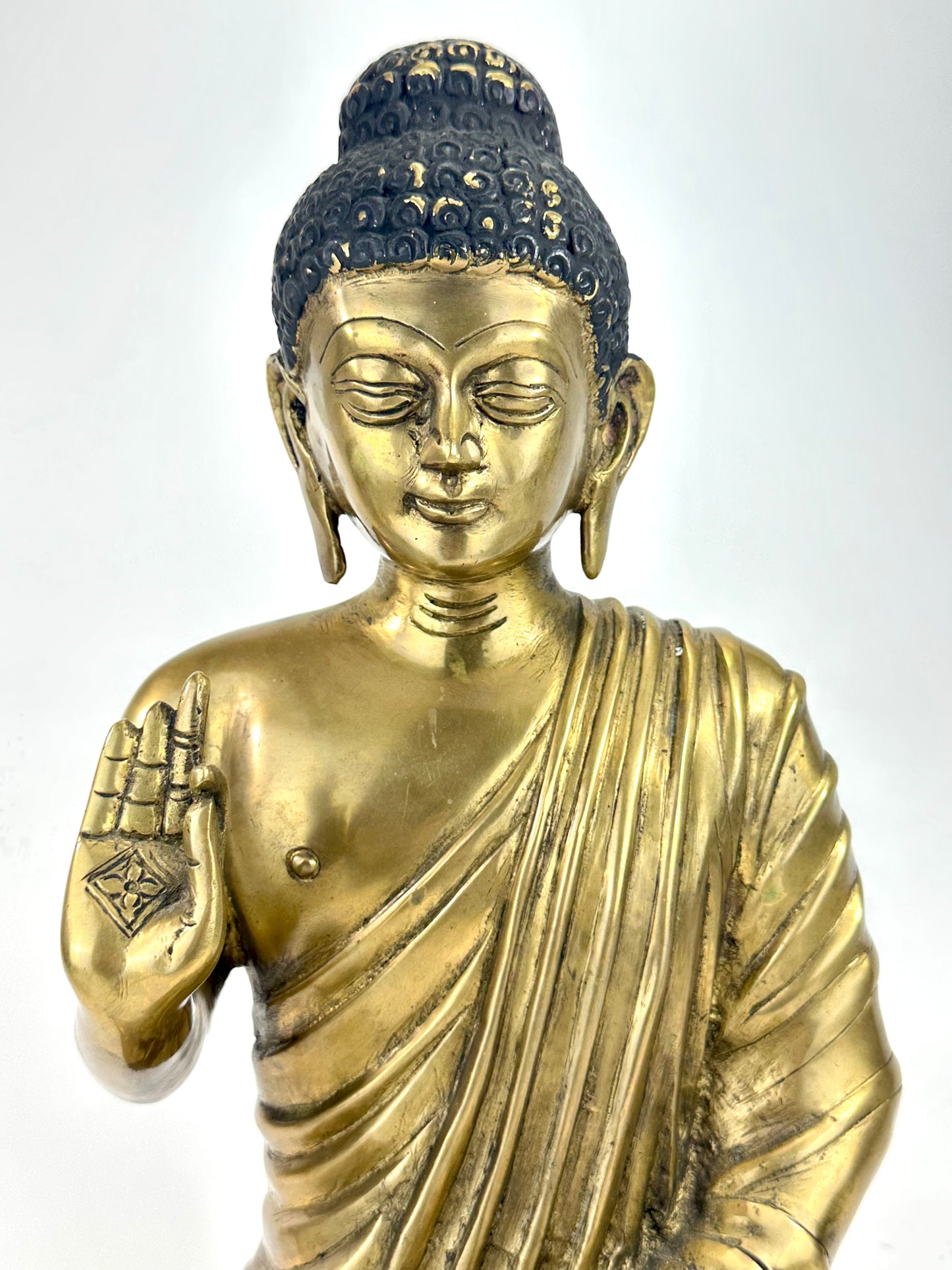 Vintage Brass Seated Buddha Figure with Abhaya Mudra on Lotus Base 16" LS#184