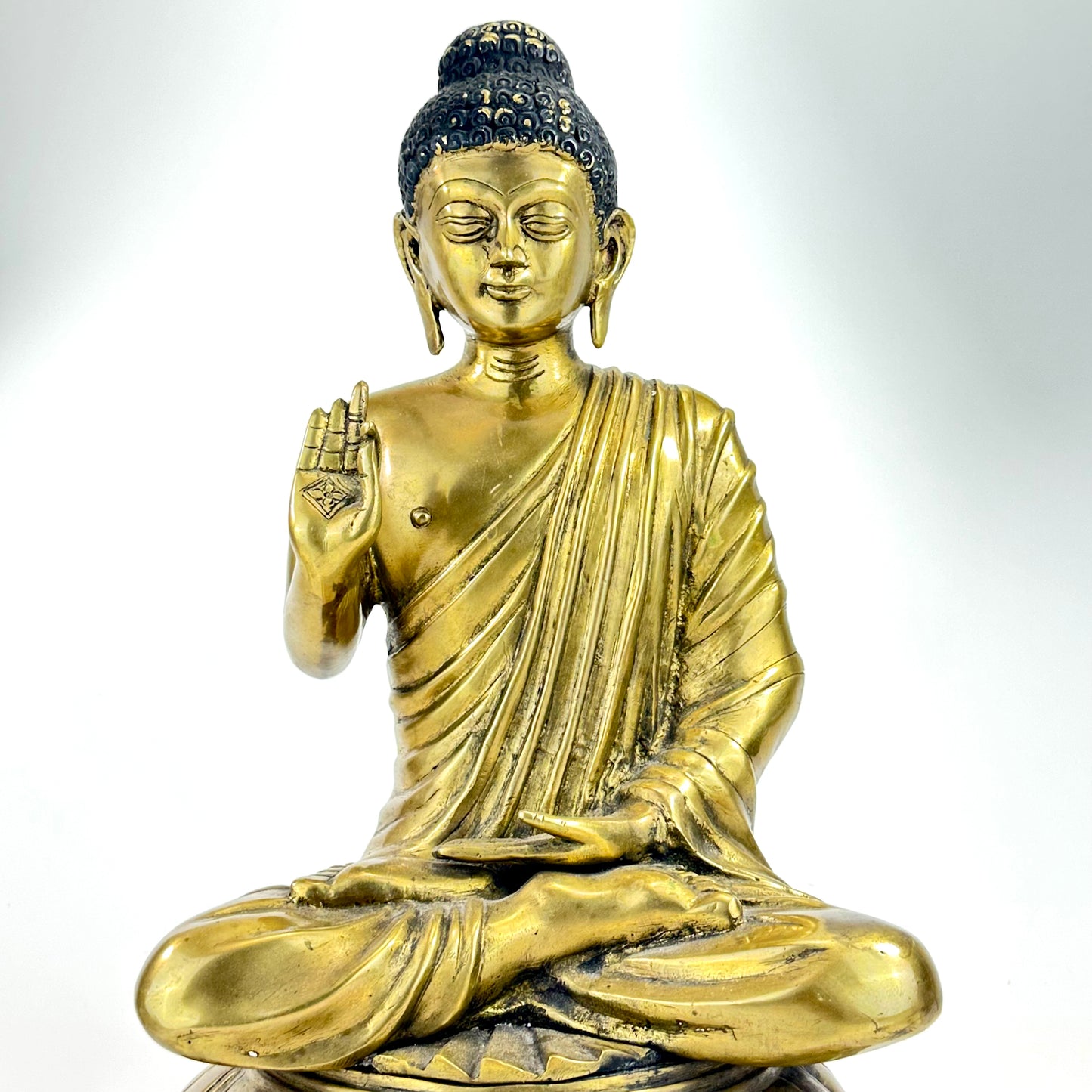 Vintage Brass Seated Buddha Figure with Abhaya Mudra on Lotus Base 16" LS#184
