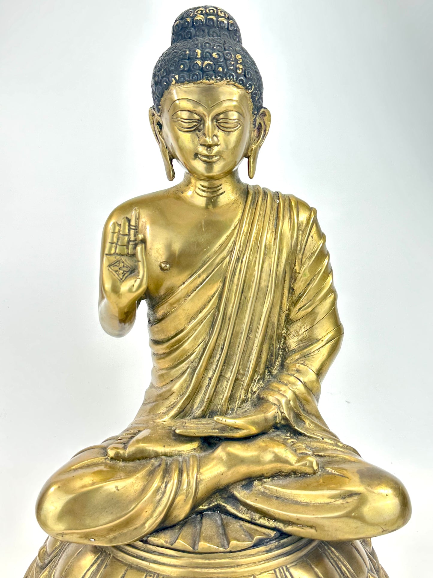 Vintage Brass Seated Buddha Figure with Abhaya Mudra on Lotus Base 16" LS#184