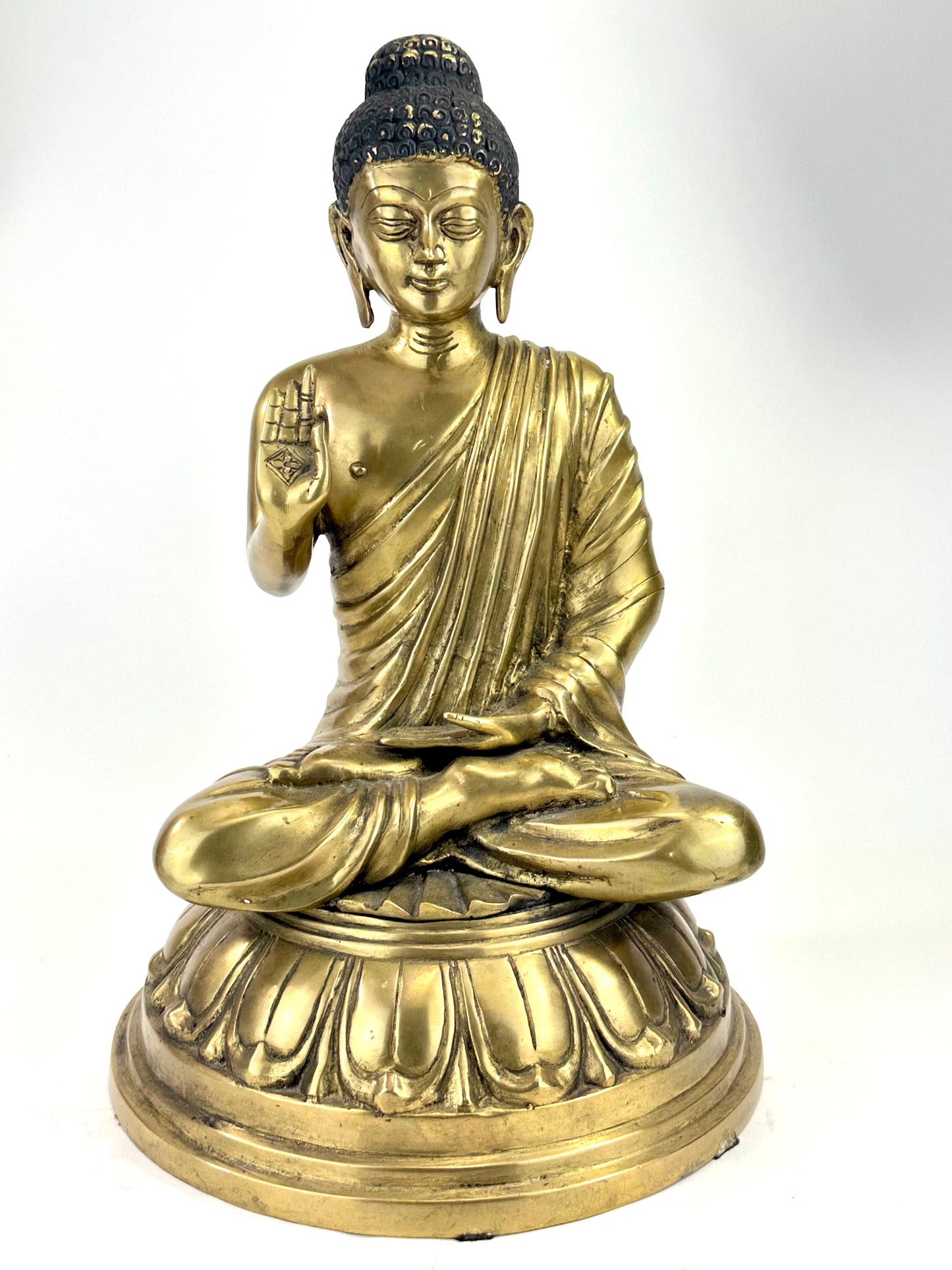 Vintage Brass Seated Buddha Figure with Abhaya Mudra on Lotus Base 16" LS#184