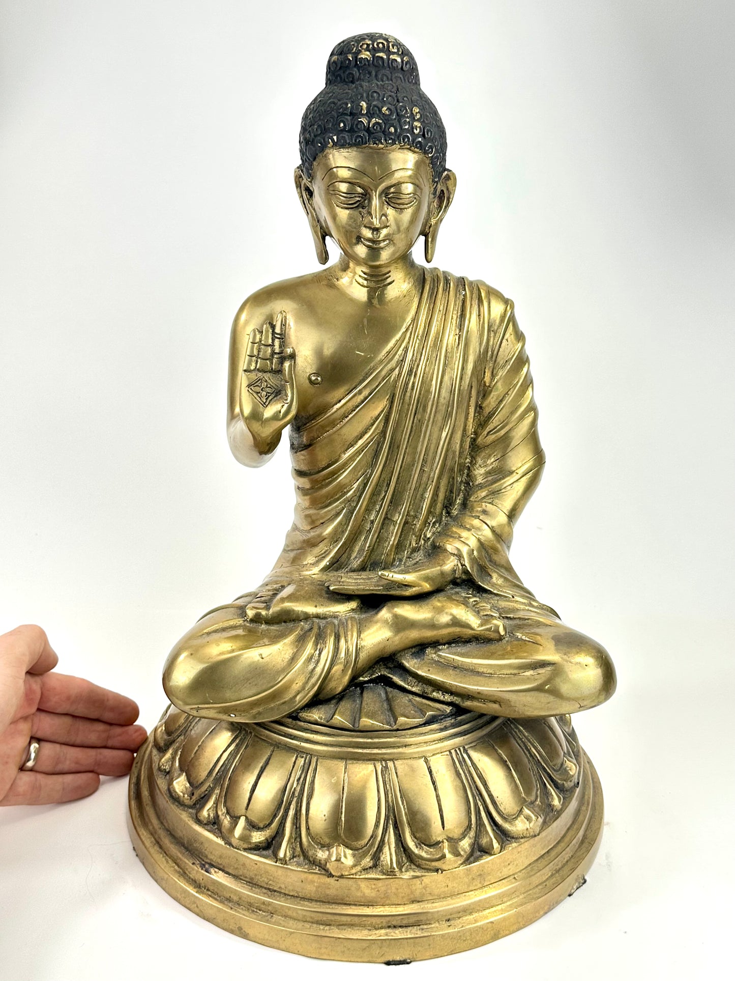 Vintage Brass Seated Buddha Figure with Abhaya Mudra on Lotus Base 16" LS#184