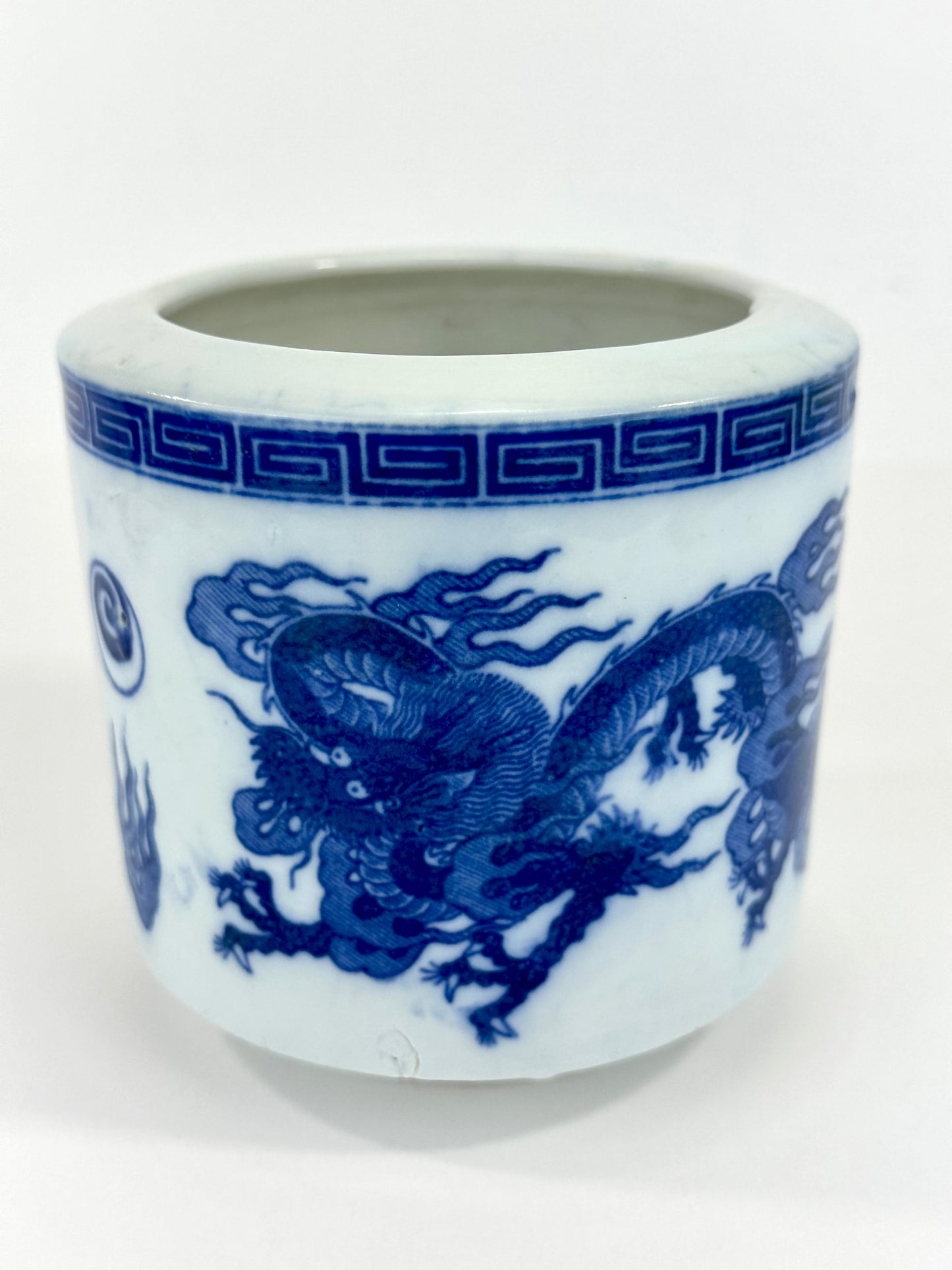 Vintage Chinese Porcelain Blue Dragon Brush Pot Republic Period 4.5"H