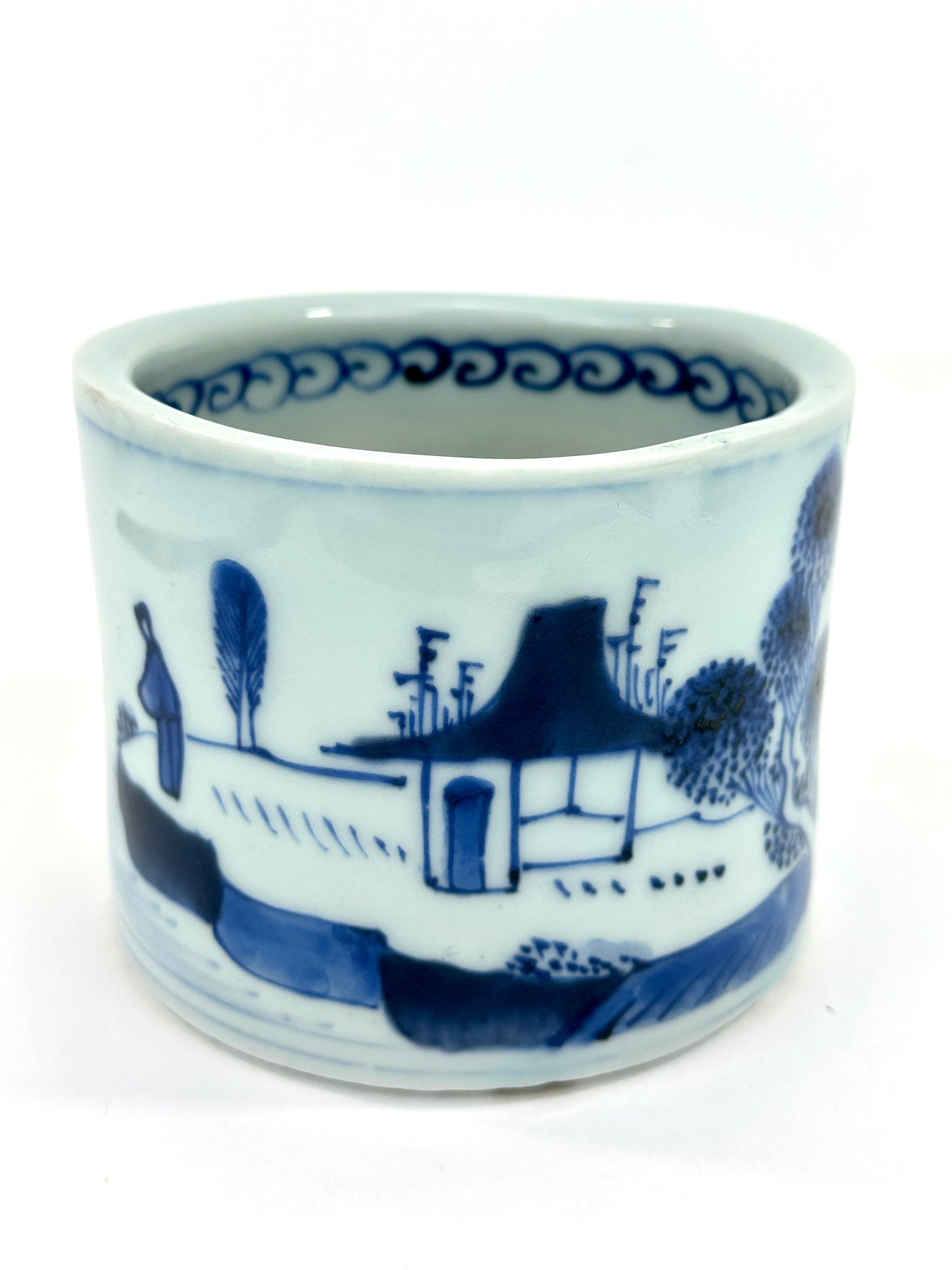 Antique Chinese Qing Period Blue and White Porcelain Brush Pot Landscape Scene 4.5"W