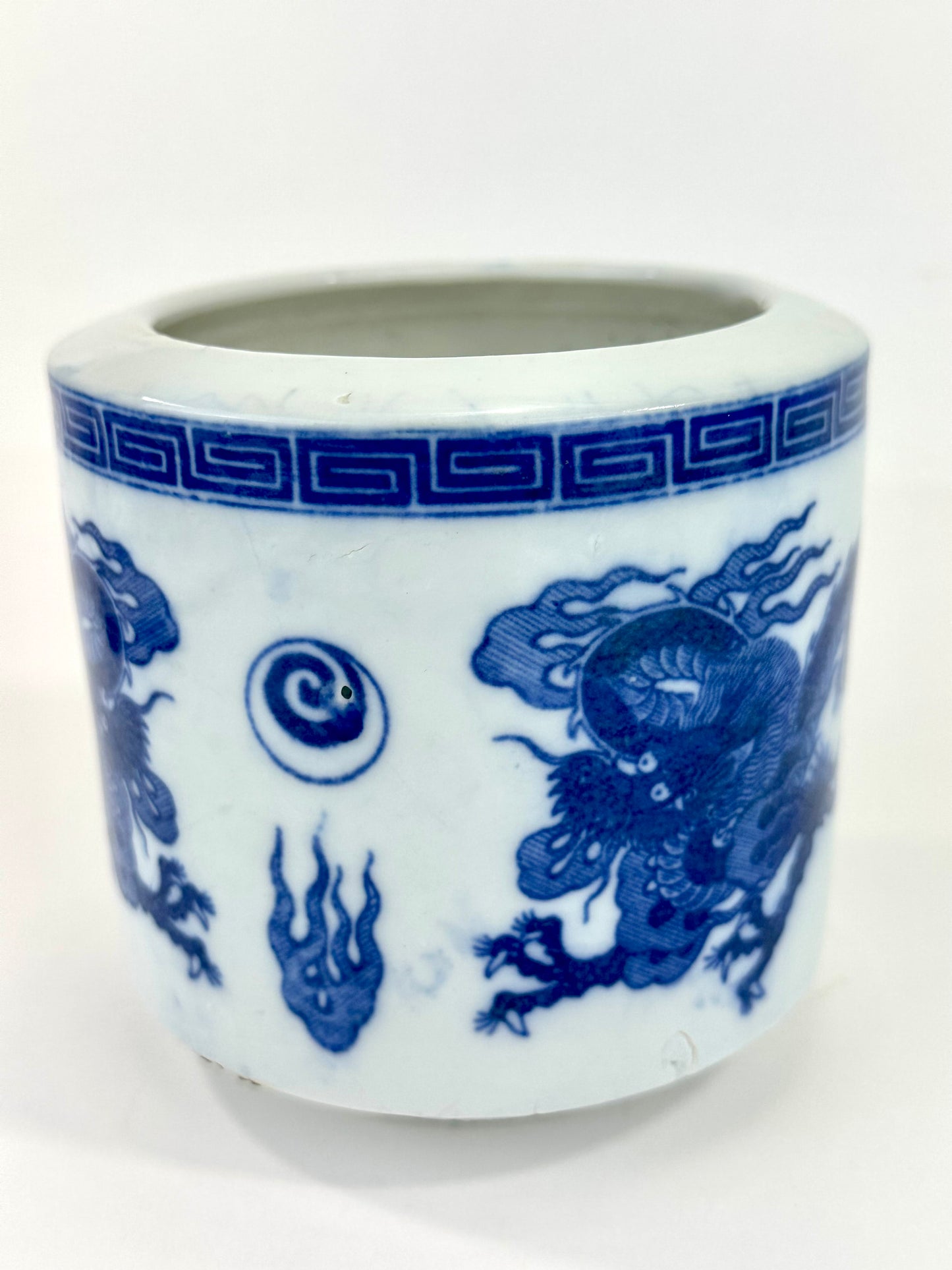 Vintage Chinese Porcelain Blue Dragon Brush Pot Republic Period 4.5"H