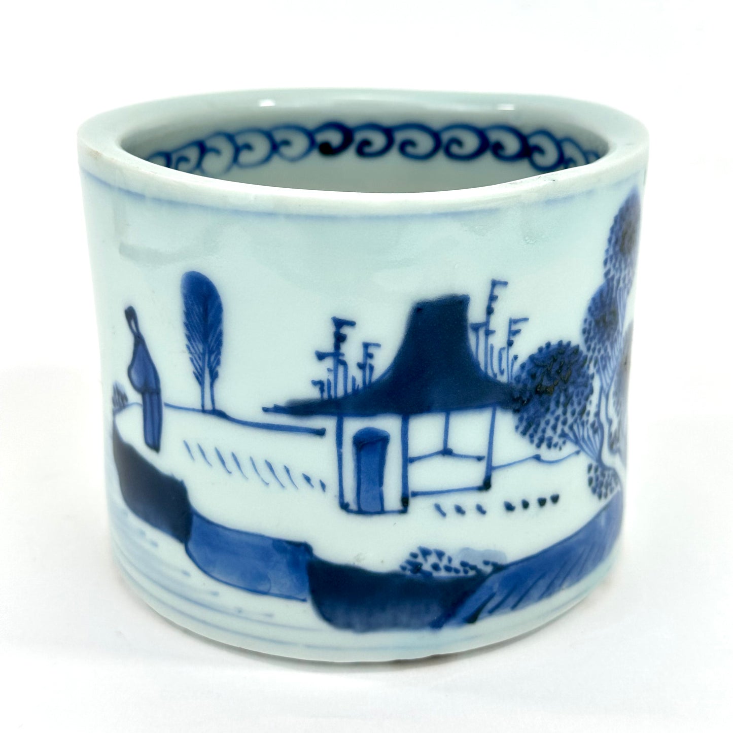 Antique Chinese Qing Period Blue and White Porcelain Brush Pot Landscape Scene 4.5"W