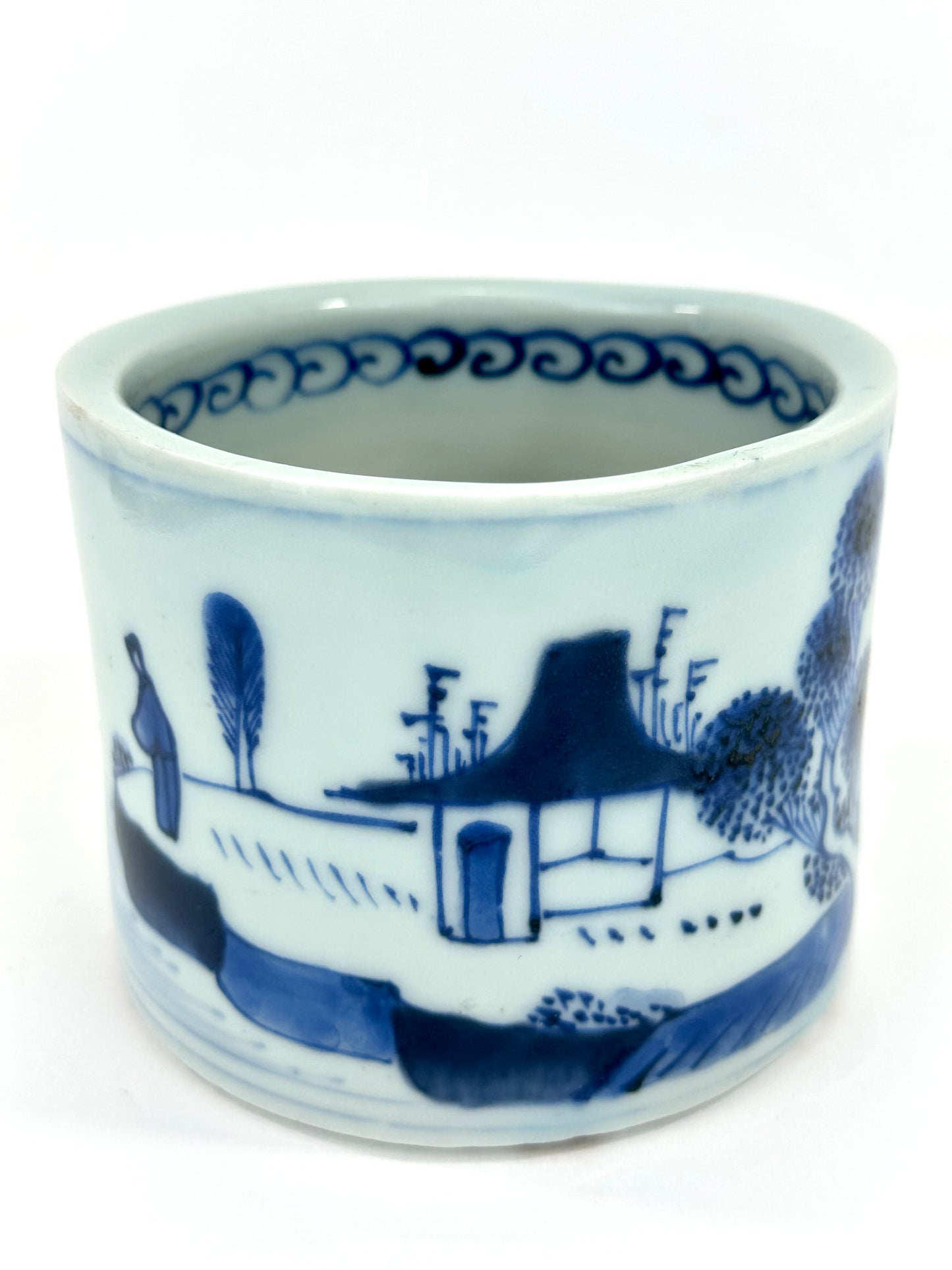 Antique Chinese Qing Period Blue and White Porcelain Brush Pot Landscape Scene 4.5"W