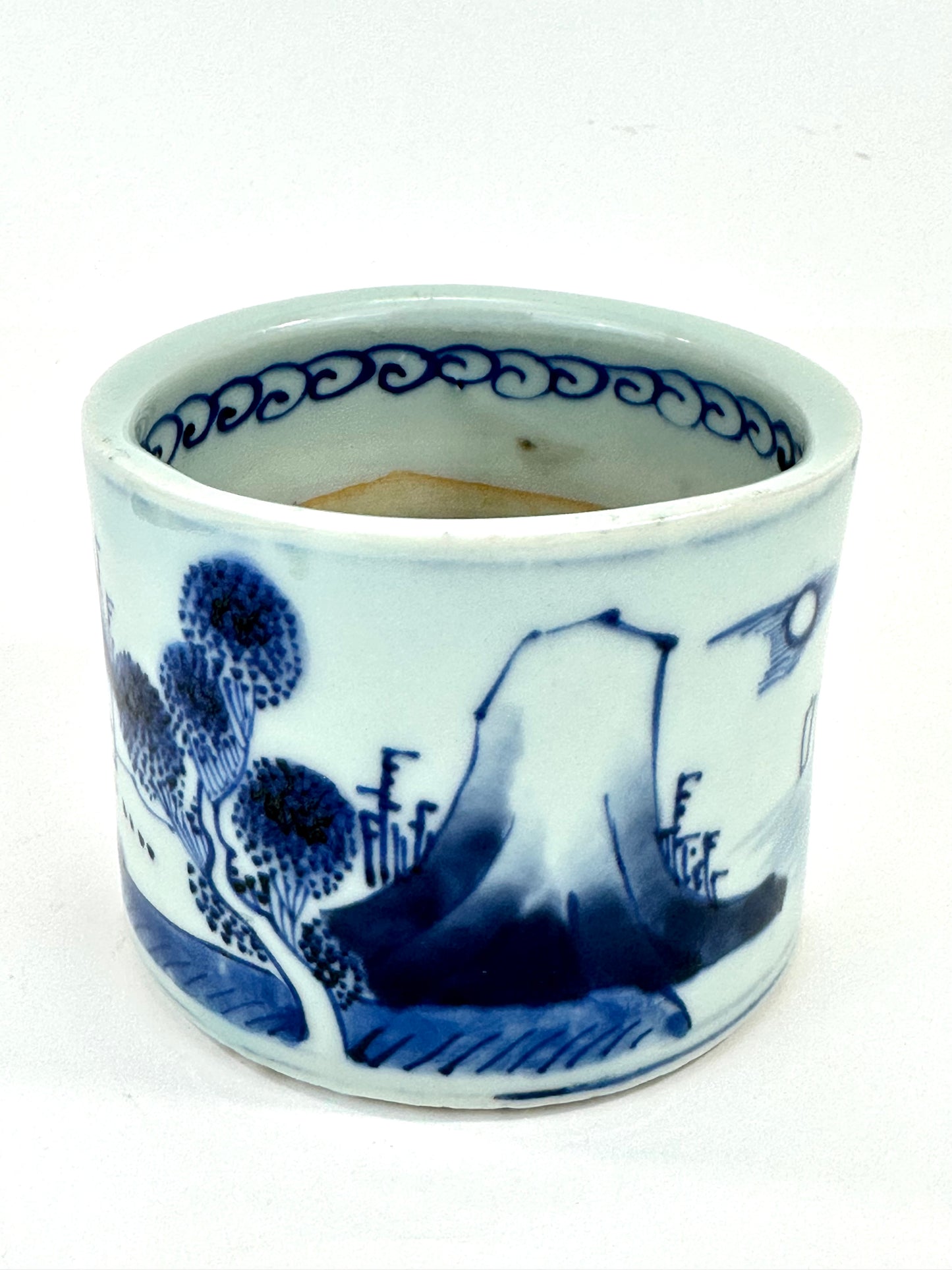 Antique Chinese Qing Period Blue and White Porcelain Brush Pot Landscape Scene 4.5"W
