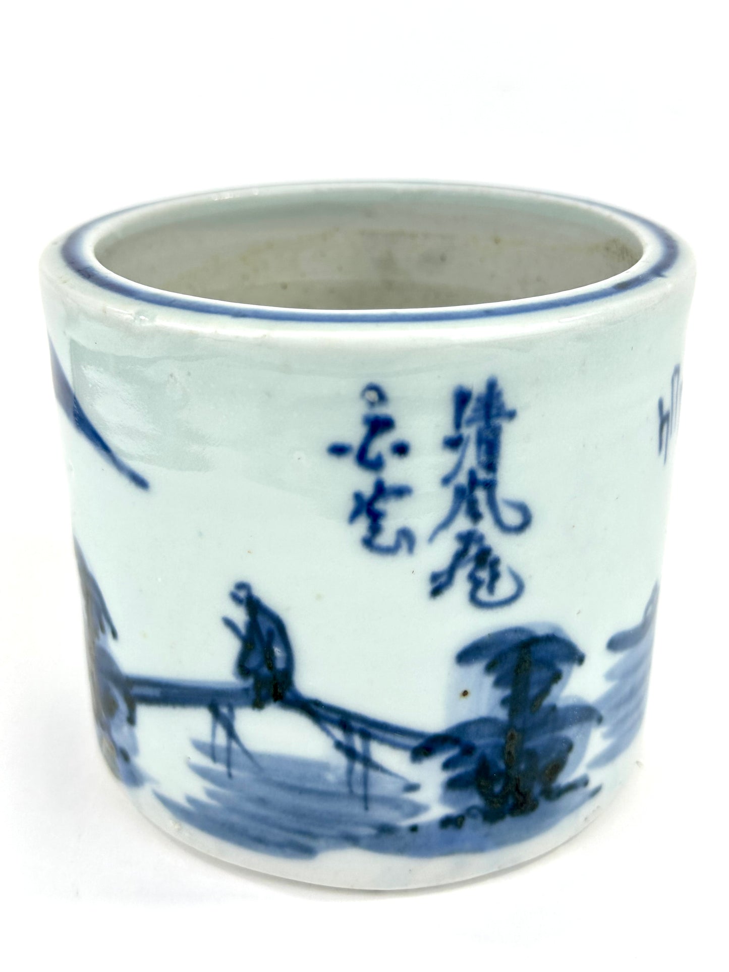 Antique Chinese Qing Period Blue & White Porcelain Brush Pot 4.5"W