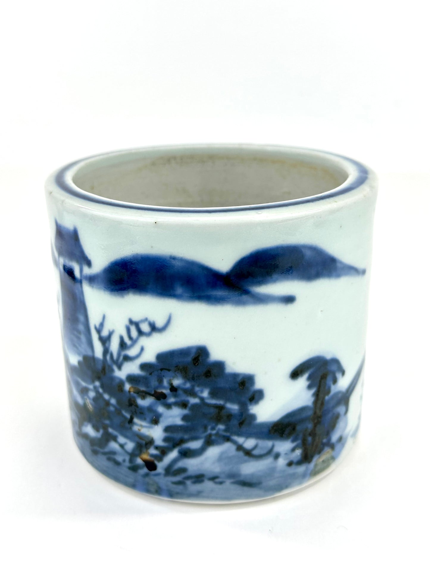 Antique Chinese Qing Period Blue & White Porcelain Brush Pot 4.5"W