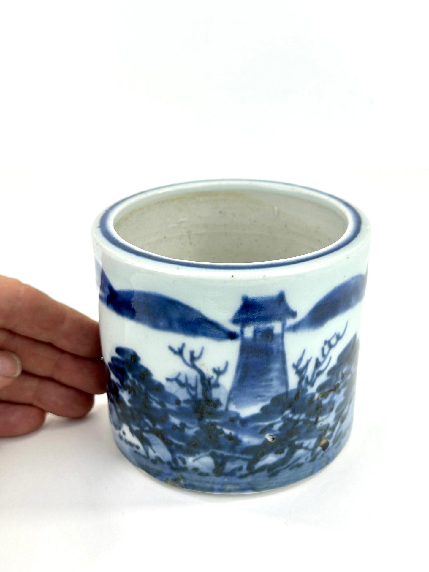 Antique Chinese Qing Period Blue & White Porcelain Brush Pot 4.5"W